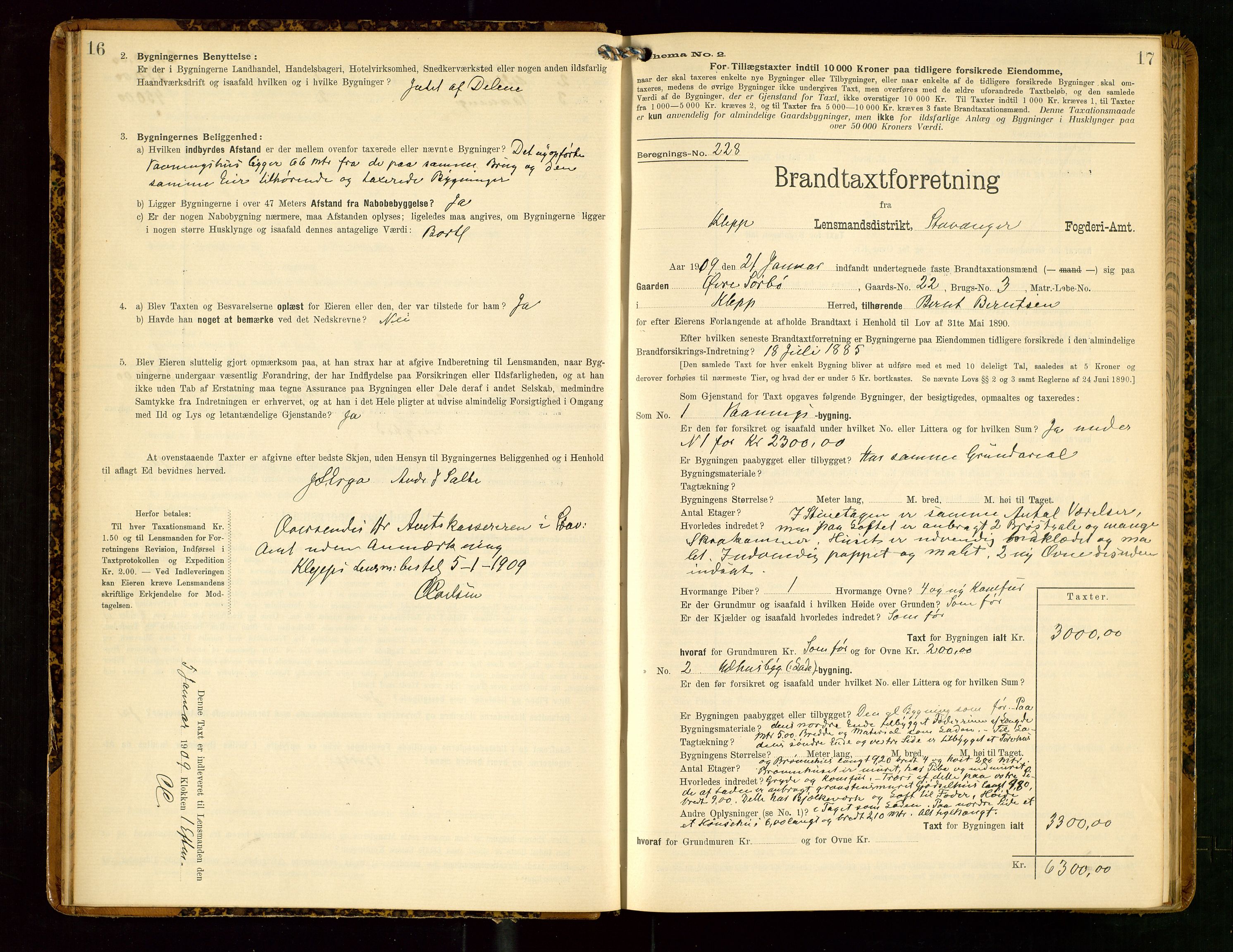 Klepp lensmannskontor, AV/SAST-A-100163/Goc/L0006: "Brandtaxationsprotokol" m/register, 1908-1912, s. 16-17