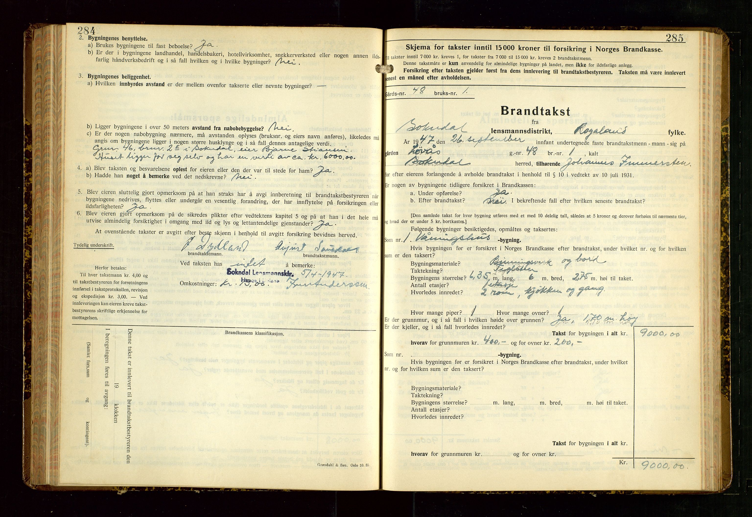 Sokndal lensmannskontor, AV/SAST-A-100417/Gob/L0008: "Brandtakst-Protokoll", 1937-1955, s. 284-285