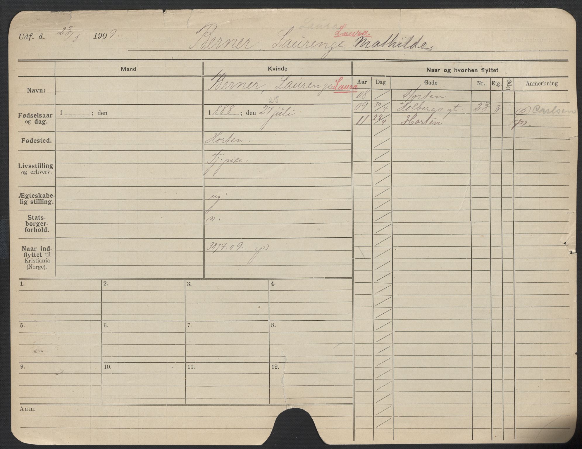 Oslo folkeregister, Registerkort, AV/SAO-A-11715/F/Fa/Fac/L0013: Kvinner, 1906-1914, s. 272a