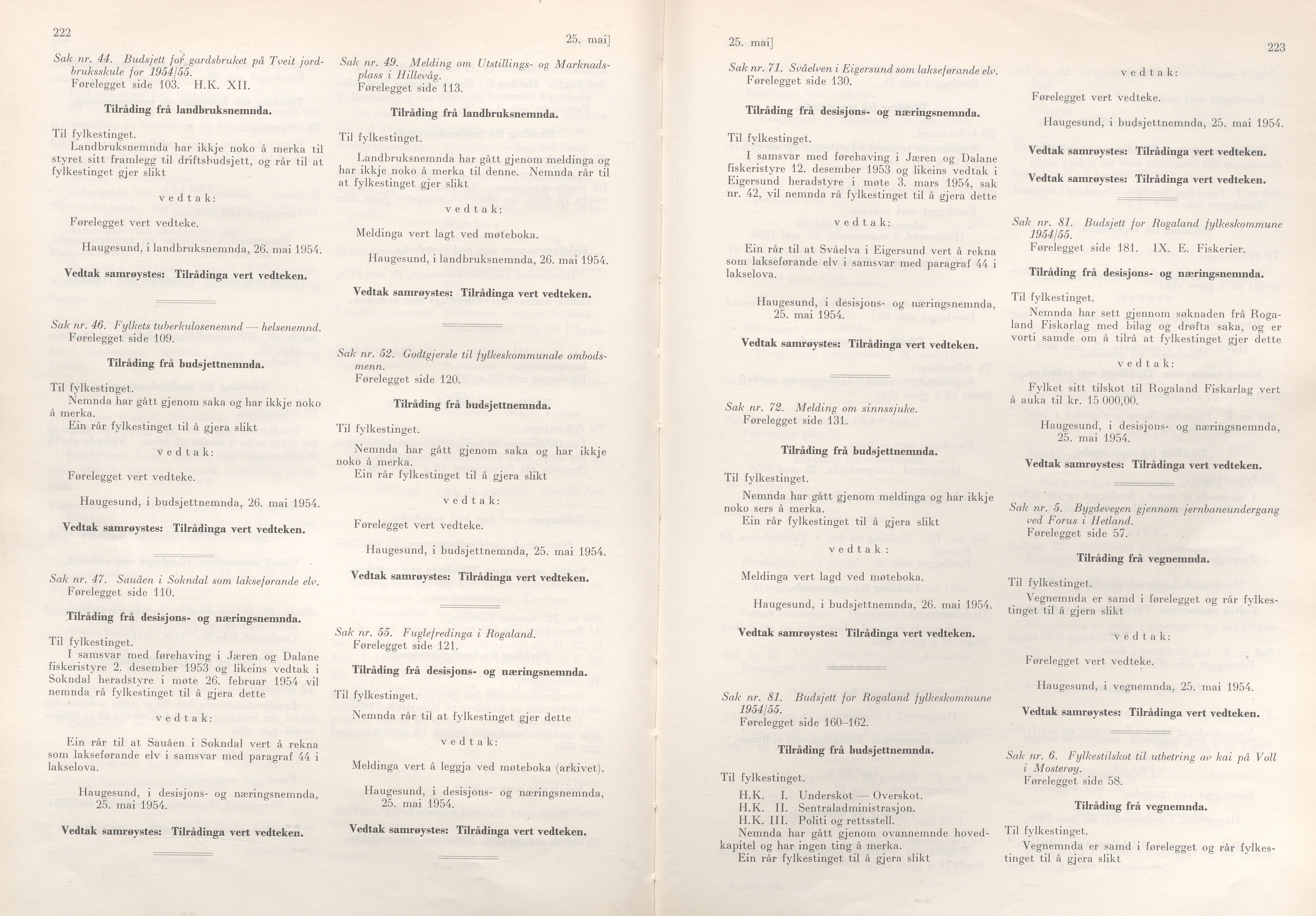 Rogaland fylkeskommune - Fylkesrådmannen , IKAR/A-900/A/Aa/Aaa/L0073: Møtebok , 1954, s. 222-223