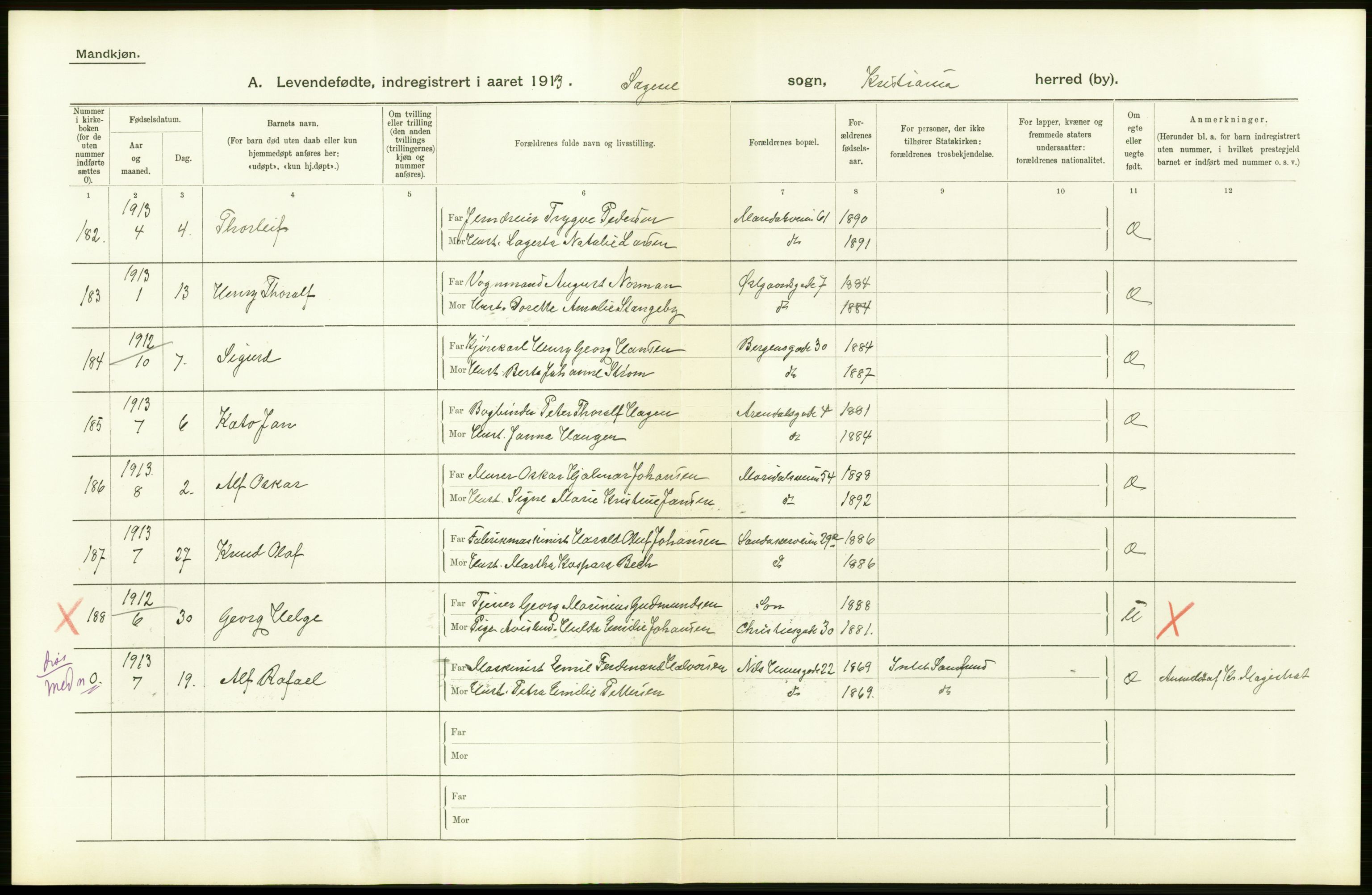 Statistisk sentralbyrå, Sosiodemografiske emner, Befolkning, AV/RA-S-2228/D/Df/Dfb/Dfbc/L0006: Kristiania: Levendefødte menn og kvinner., 1913, s. 22
