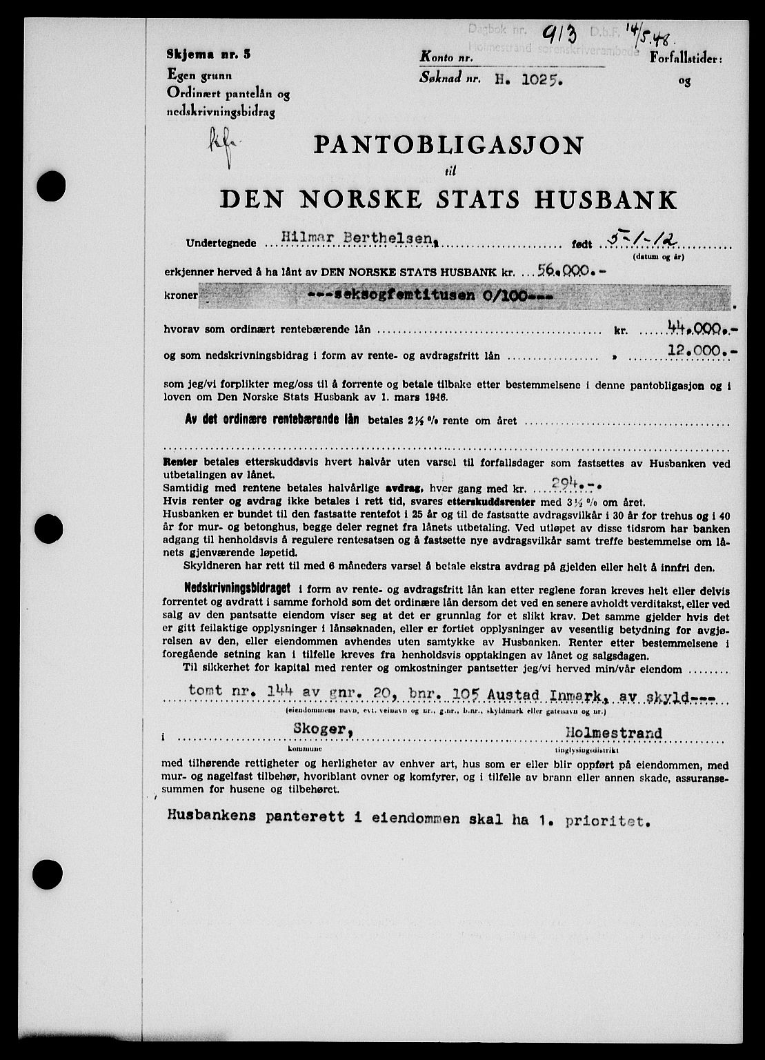 Holmestrand sorenskriveri, SAKO/A-67/G/Ga/Gab/L0058: Pantebok nr. B-58, 1947-1948, Dagboknr: 913/1948
