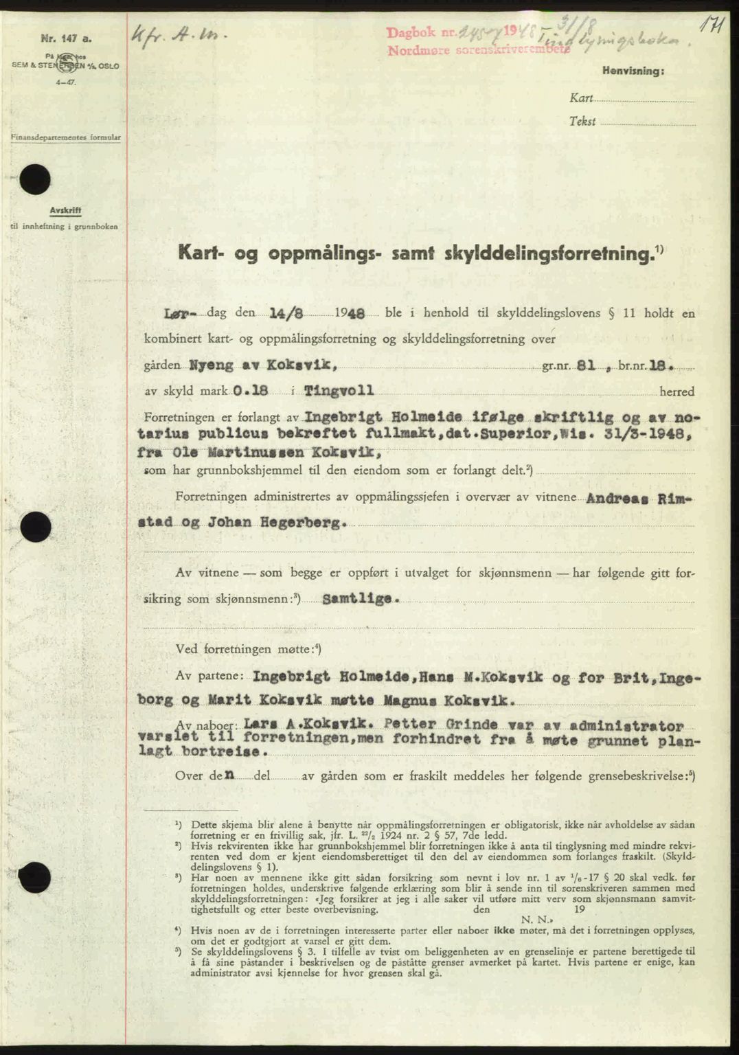 Nordmøre sorenskriveri, AV/SAT-A-4132/1/2/2Ca: Pantebok nr. A109, 1948-1948, Dagboknr: 2457/1948