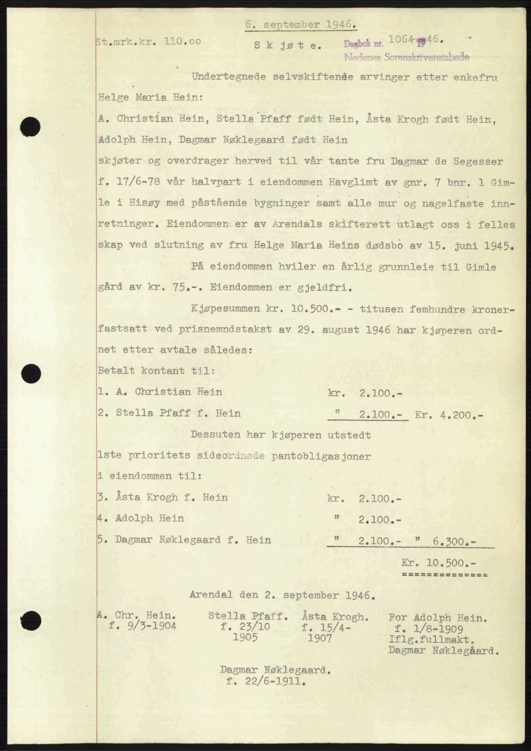 Nedenes sorenskriveri, AV/SAK-1221-0006/G/Gb/Gba/L0056: Pantebok nr. A8, 1946-1947, Dagboknr: 1064/1946