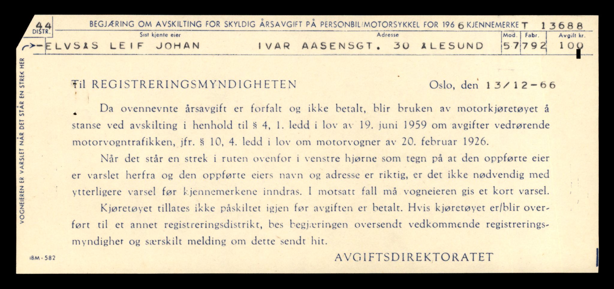 Møre og Romsdal vegkontor - Ålesund trafikkstasjon, AV/SAT-A-4099/F/Fe/L0040: Registreringskort for kjøretøy T 13531 - T 13709, 1927-1998, s. 2691