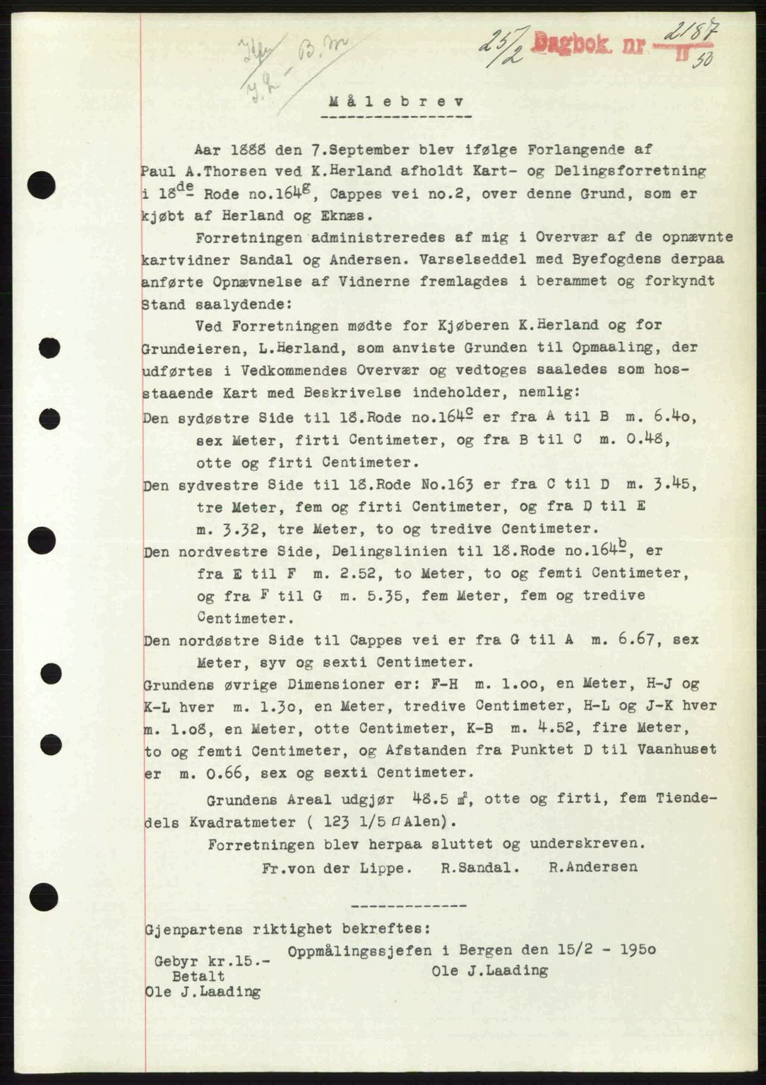 Byfogd og Byskriver i Bergen, AV/SAB-A-3401/03/03Bc/L0032: Pantebok nr. A26, 1950-1950, Dagboknr: 2187/1950
