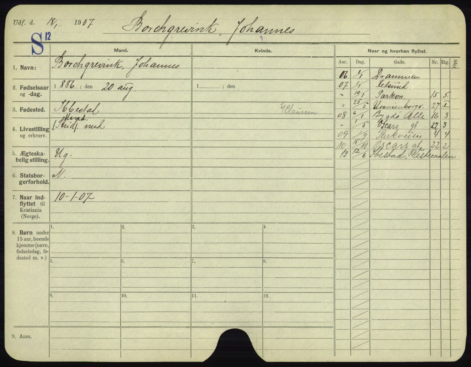 Oslo folkeregister, Registerkort, AV/SAO-A-11715/F/Fa/Fac/L0002: Menn, 1906-1914, s. 106a