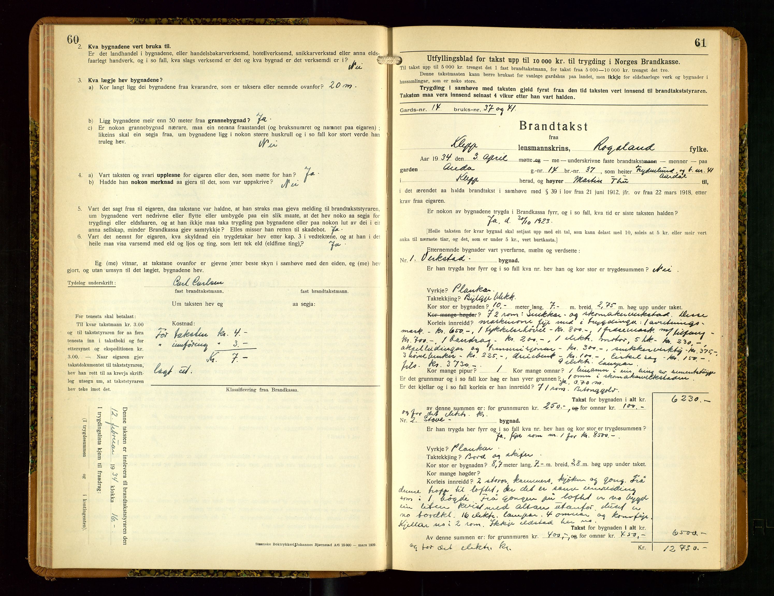 Klepp lensmannskontor, SAST/A-100163/Goc/L0013: "Brandtakstbok" m/register, 1933-1937, s. 60-61