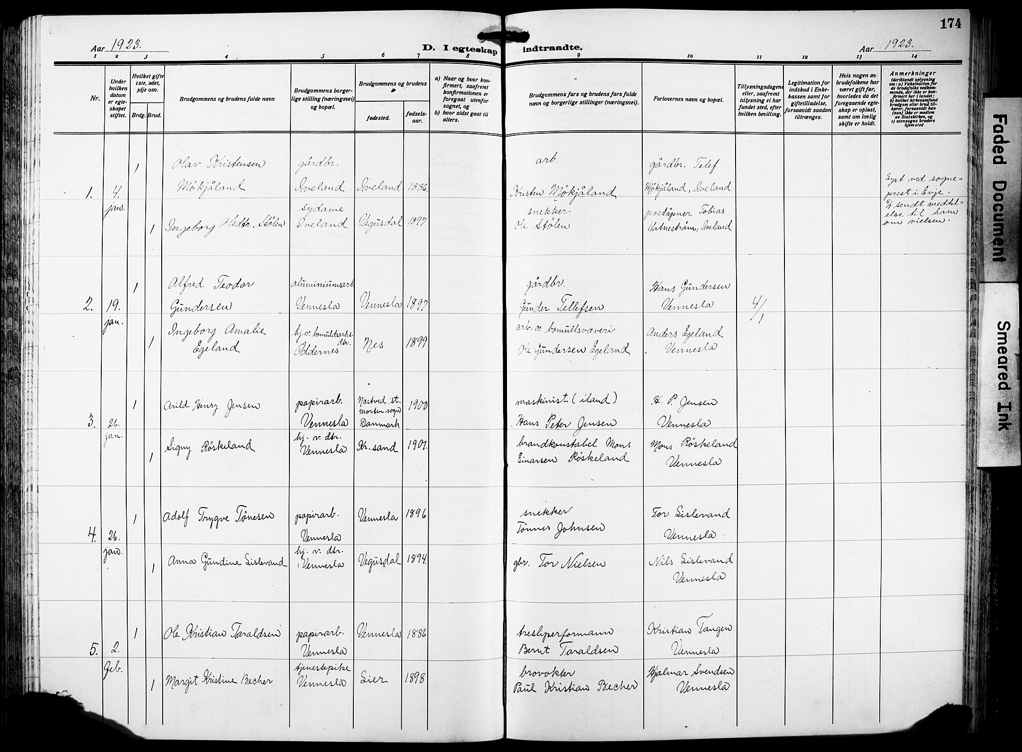 Vennesla sokneprestkontor, AV/SAK-1111-0045/Fb/Fbb/L0007: Klokkerbok nr. B 7, 1922-1933, s. 174