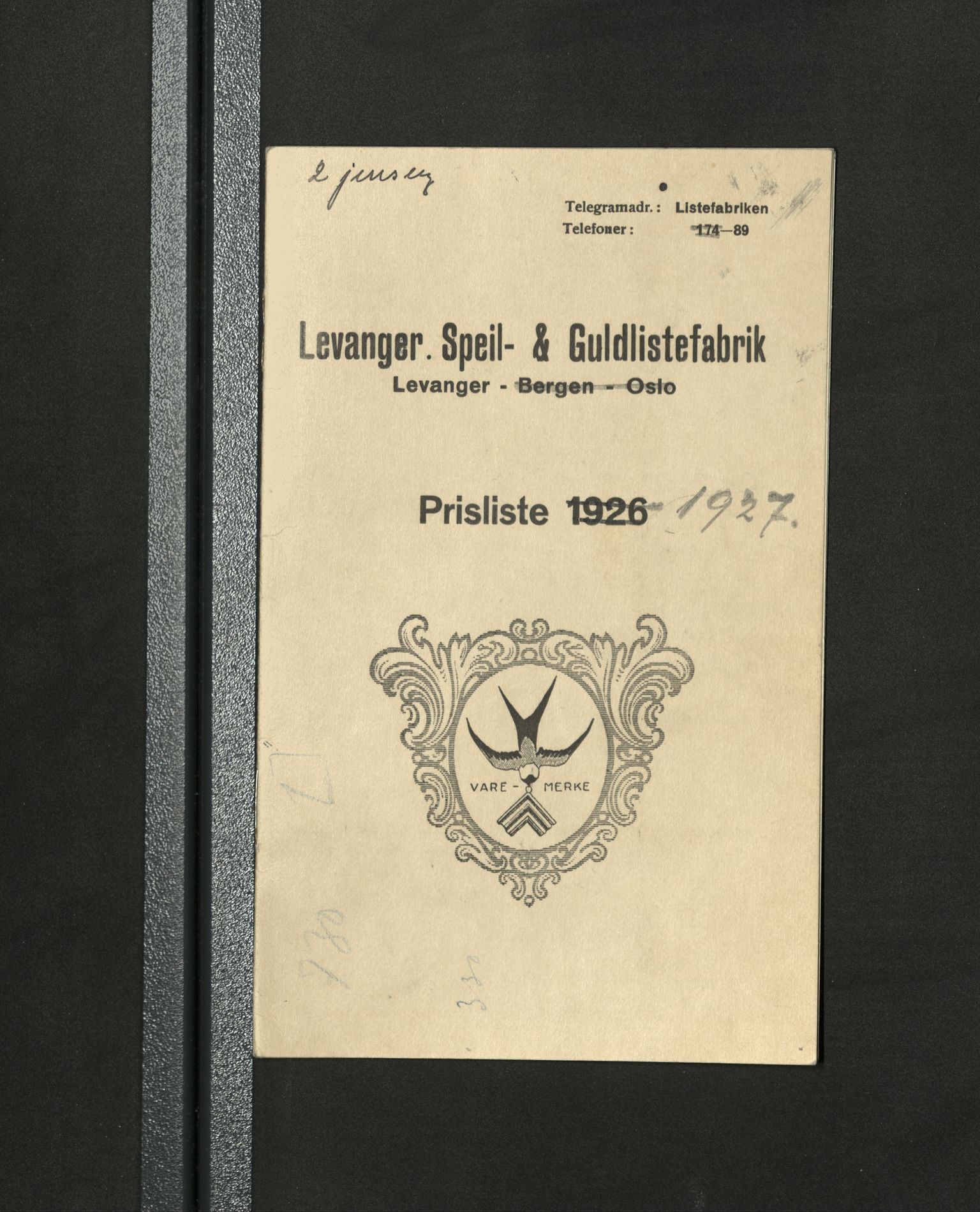 Bård Toldnes samling - lokalia fra Levanger, TIKA/PA-1549/G/L0015: Levanger speil - & guldlistefabrik Prisliste 1927, 1898-1927