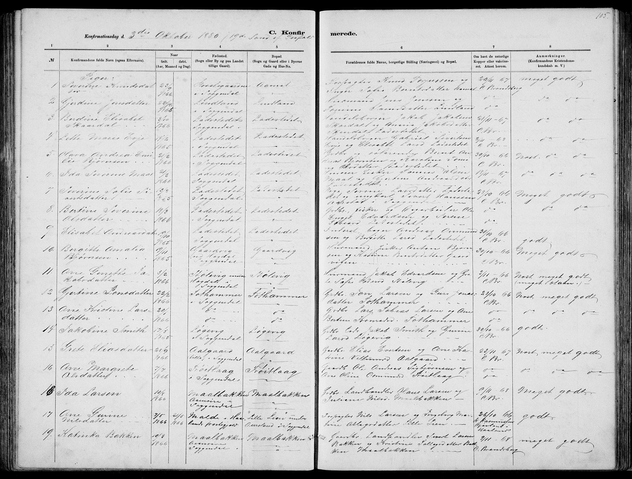 Sokndal sokneprestkontor, AV/SAST-A-101808: Klokkerbok nr. B 4, 1880-1891, s. 105