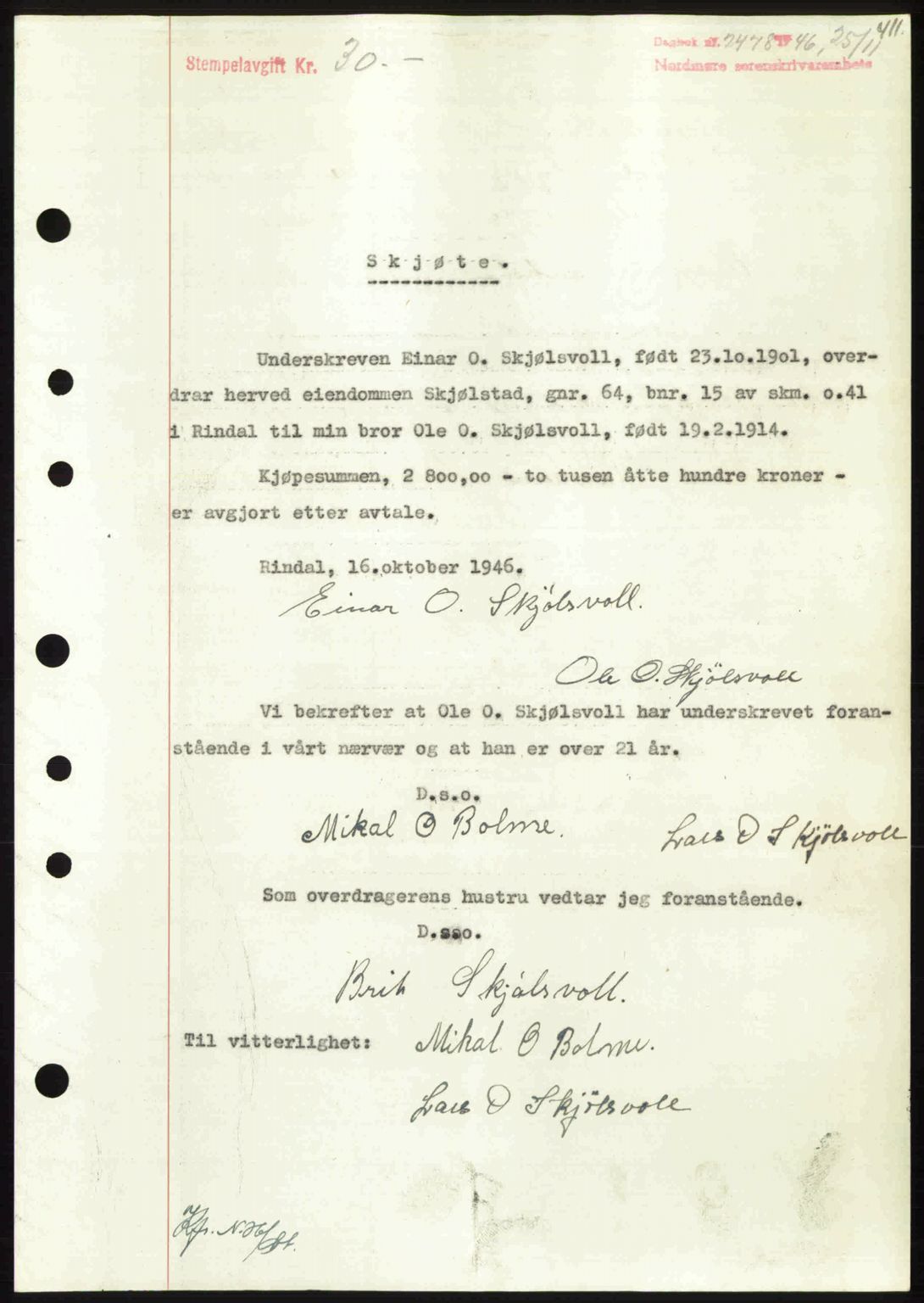 Nordmøre sorenskriveri, SAT/A-4132/1/2/2Ca: Pantebok nr. A103, 1946-1947, Dagboknr: 2478/1946