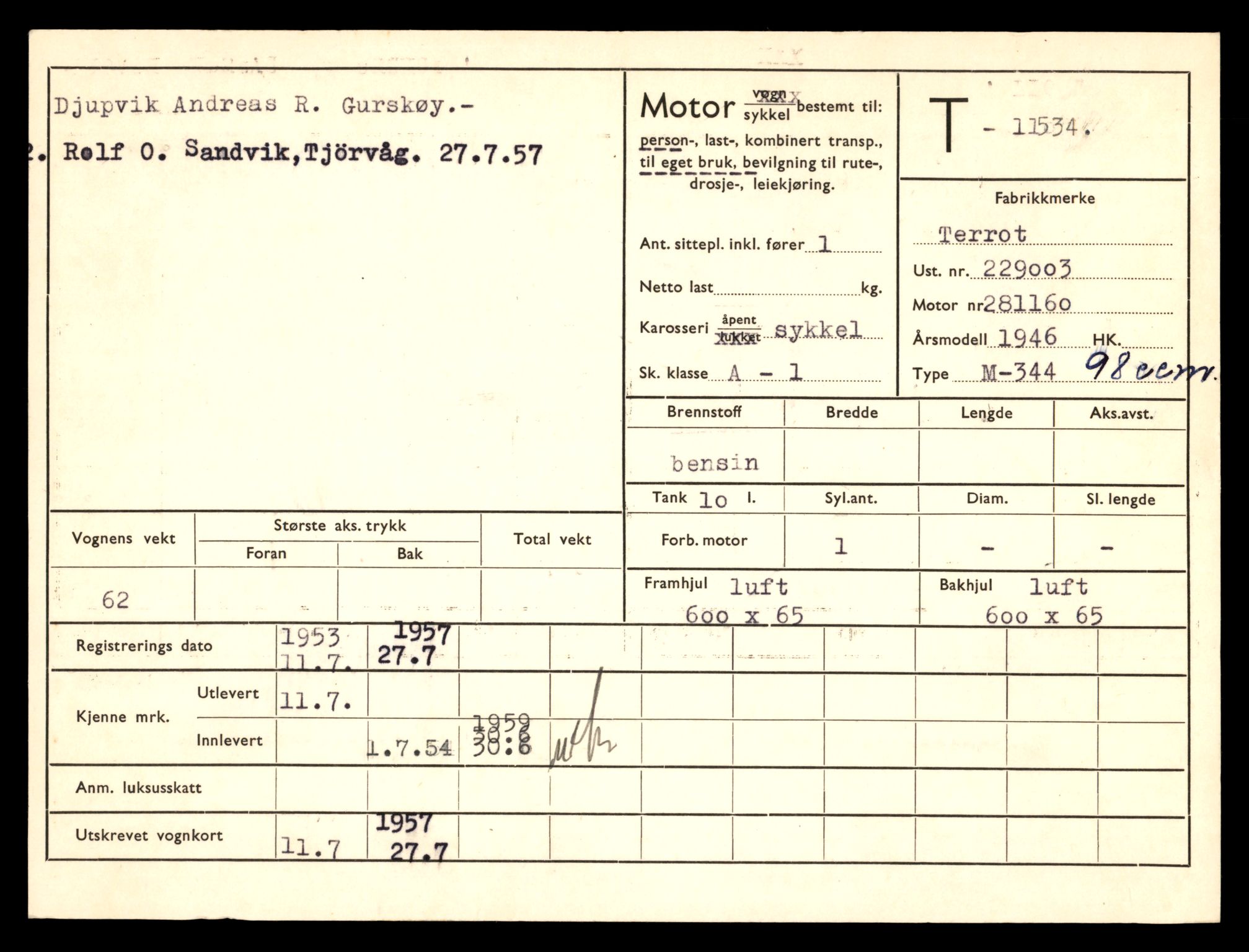 Møre og Romsdal vegkontor - Ålesund trafikkstasjon, AV/SAT-A-4099/F/Fe/L0029: Registreringskort for kjøretøy T 11430 - T 11619, 1927-1998, s. 1847