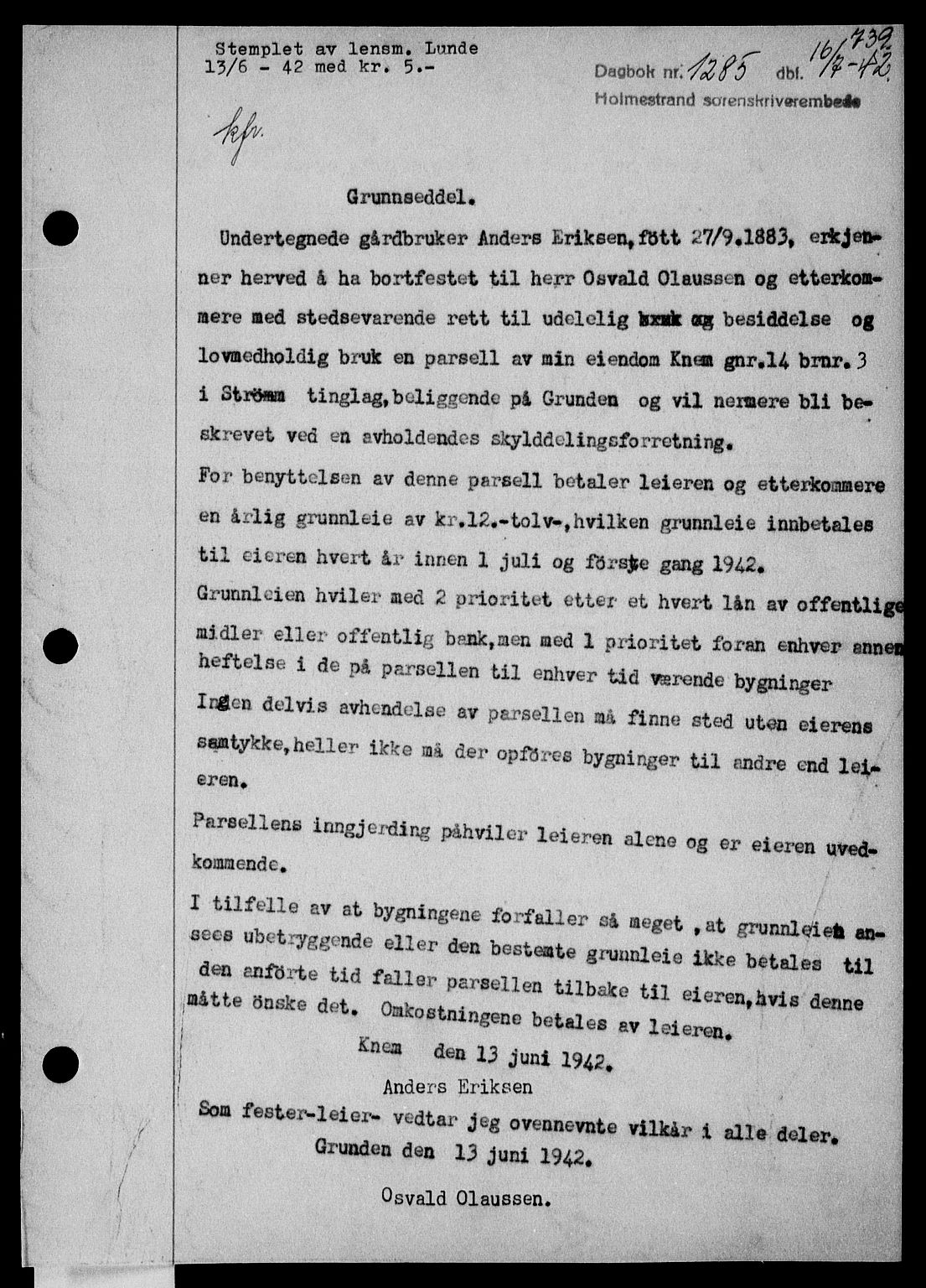 Holmestrand sorenskriveri, SAKO/A-67/G/Ga/Gaa/L0055: Pantebok nr. A-55, 1942-1942, Dagboknr: 1285/1942