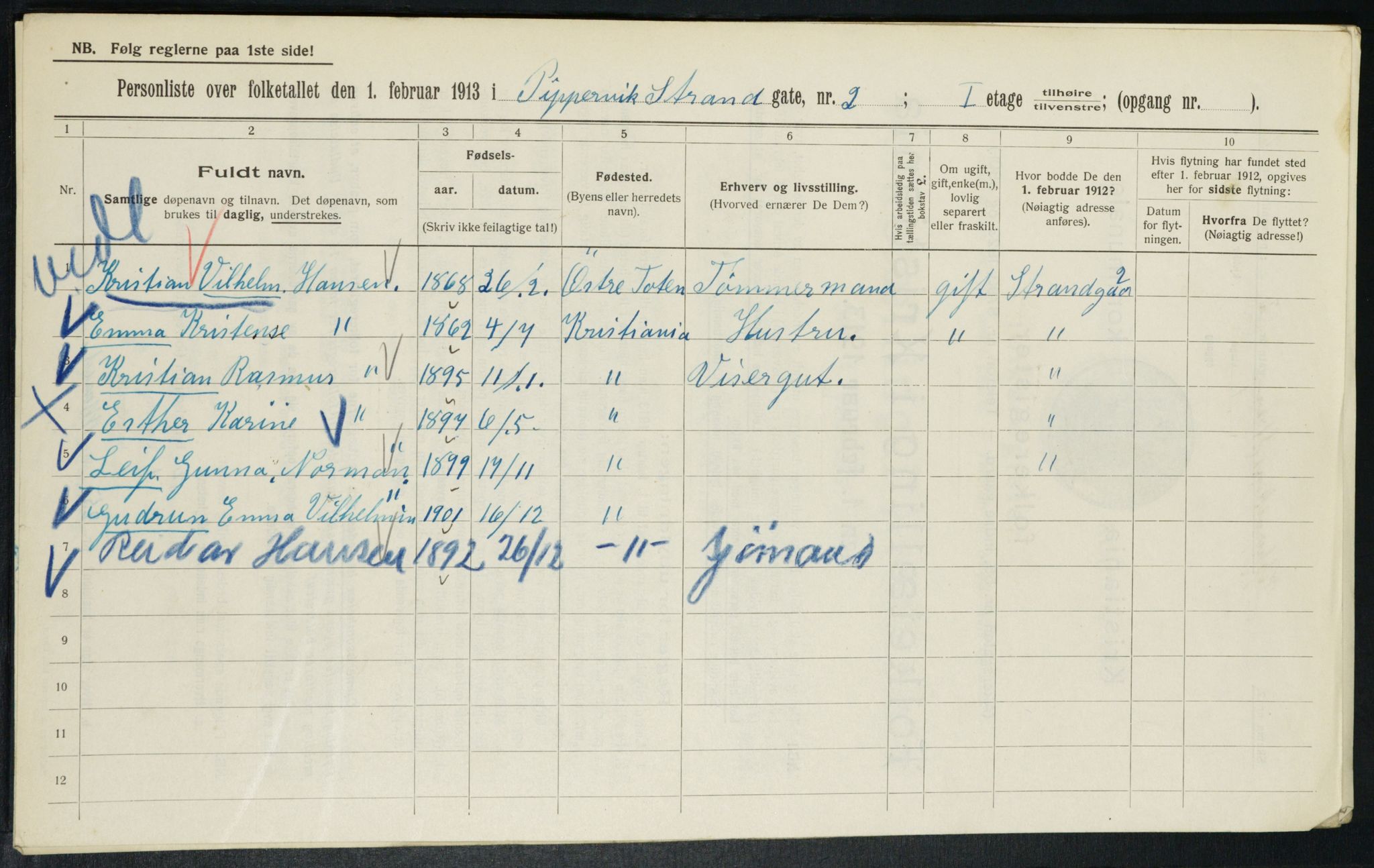 OBA, Kommunal folketelling 1.2.1913 for Kristiania, 1913, s. 103763