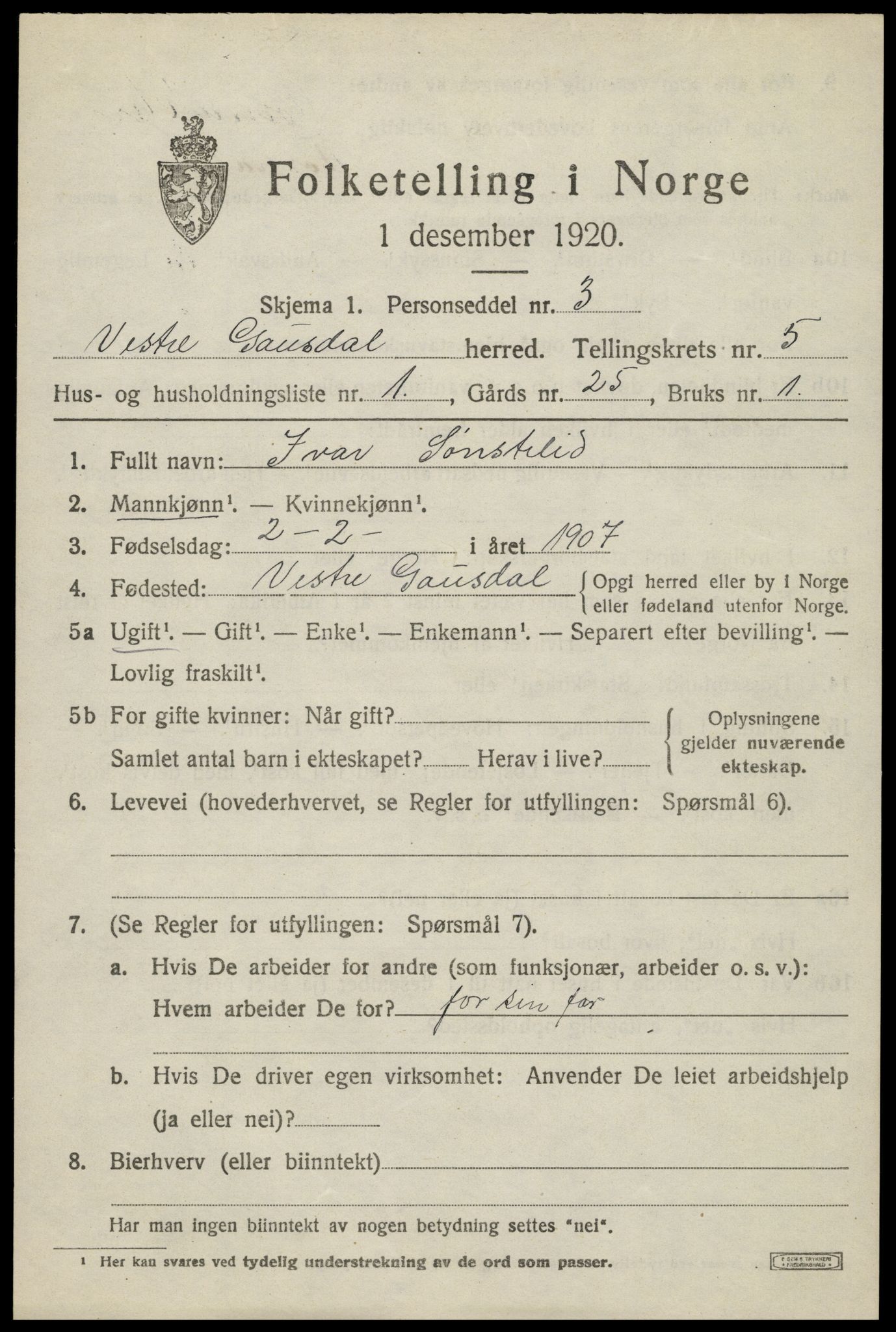 SAH, Folketelling 1920 for 0523 Vestre Gausdal herred, 1920, s. 3701