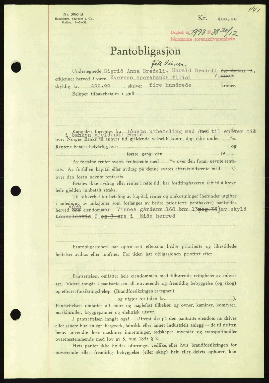 Nordmøre sorenskriveri, AV/SAT-A-4132/1/2/2Ca: Pantebok nr. B84, 1938-1939, Dagboknr: 2998/1938