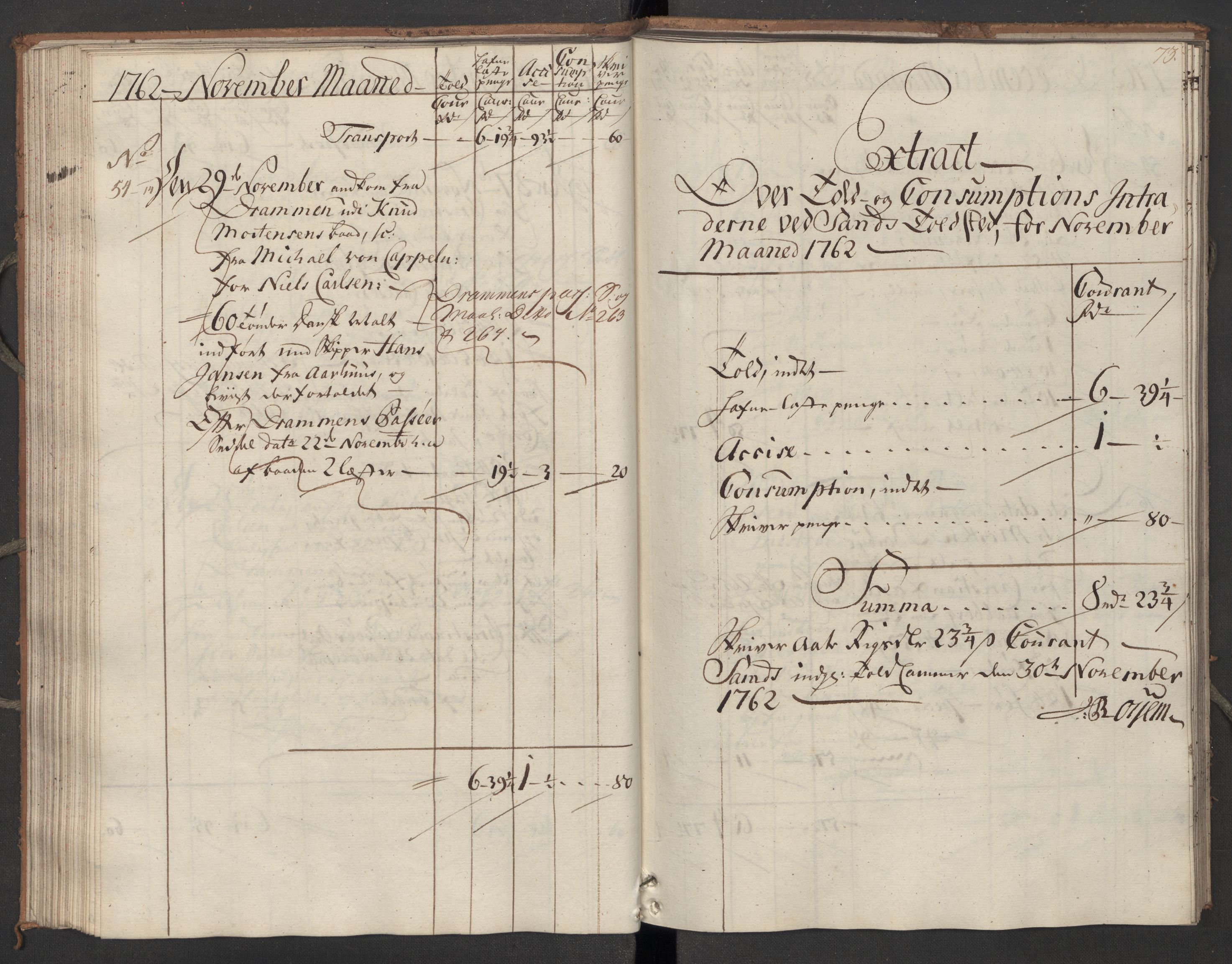 Generaltollkammeret, tollregnskaper, AV/RA-EA-5490/R07/L0022/0001: Tollregnskaper Sand / Inngående hovedtollbok, 1762, s. 72b-73a