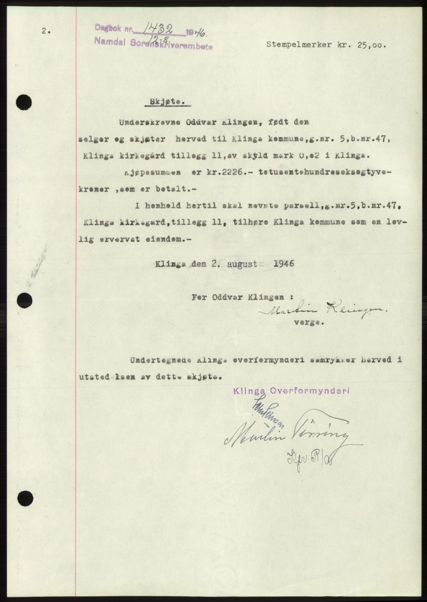 Namdal sorenskriveri, SAT/A-4133/1/2/2C: Pantebok nr. -, 1946-1946, Dagboknr: 1432/1946