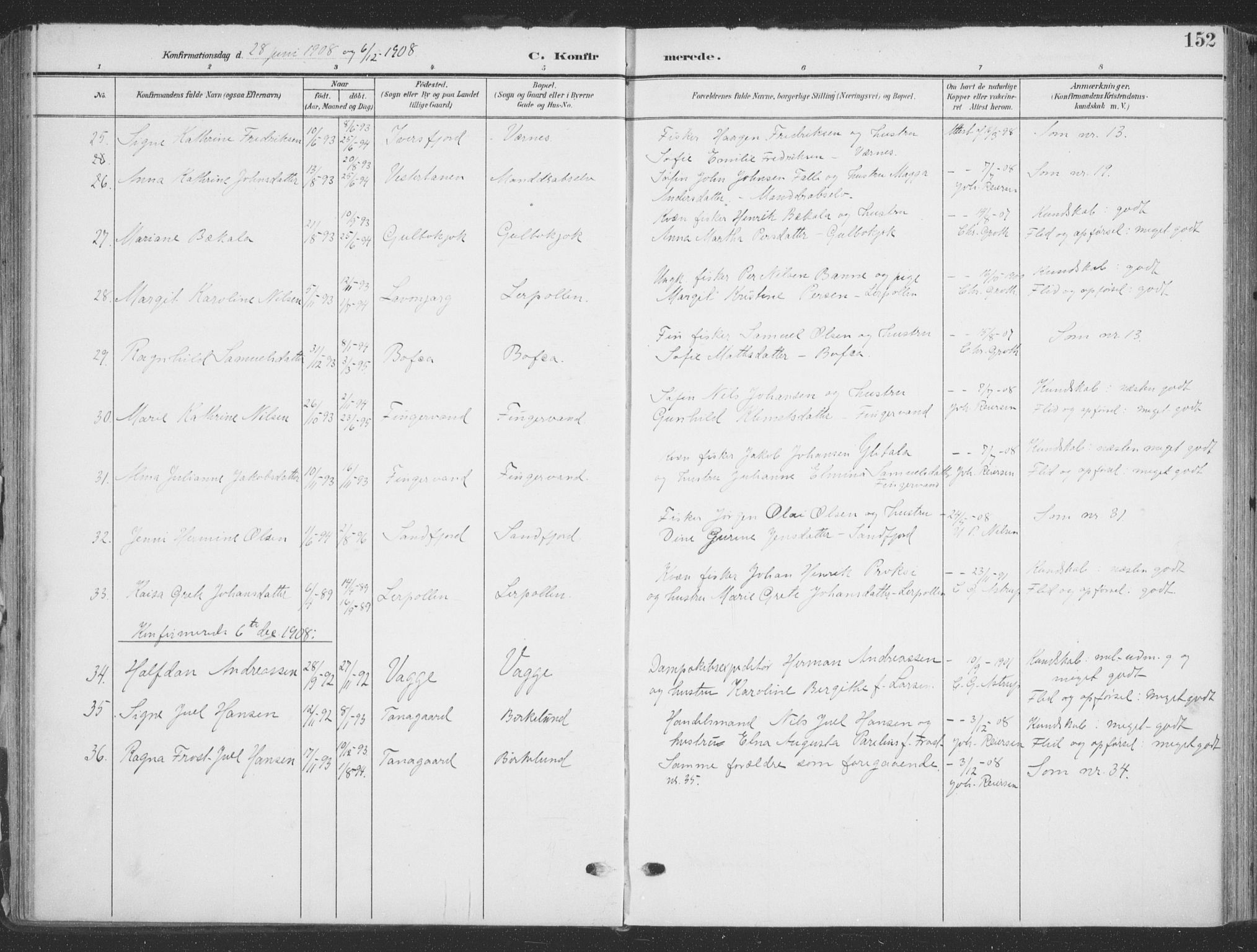 Tana sokneprestkontor, AV/SATØ-S-1334/H/Ha/L0007kirke: Ministerialbok nr. 7, 1904-1918, s. 152