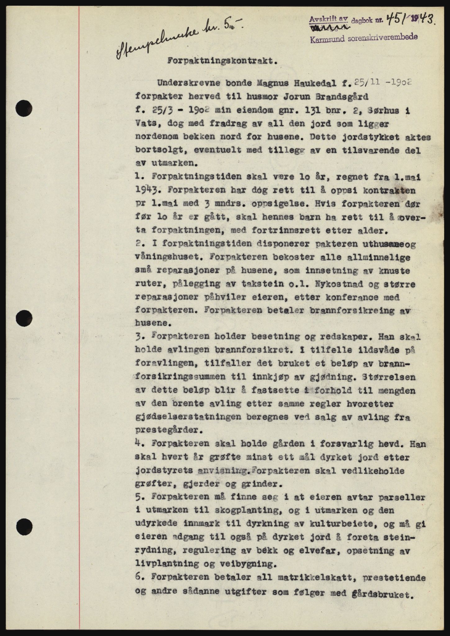 Karmsund sorenskriveri, SAST/A-100311/01/II/IIBBE/L0008: Pantebok nr. B 54, 1942-1943, Dagboknr: 451/1943