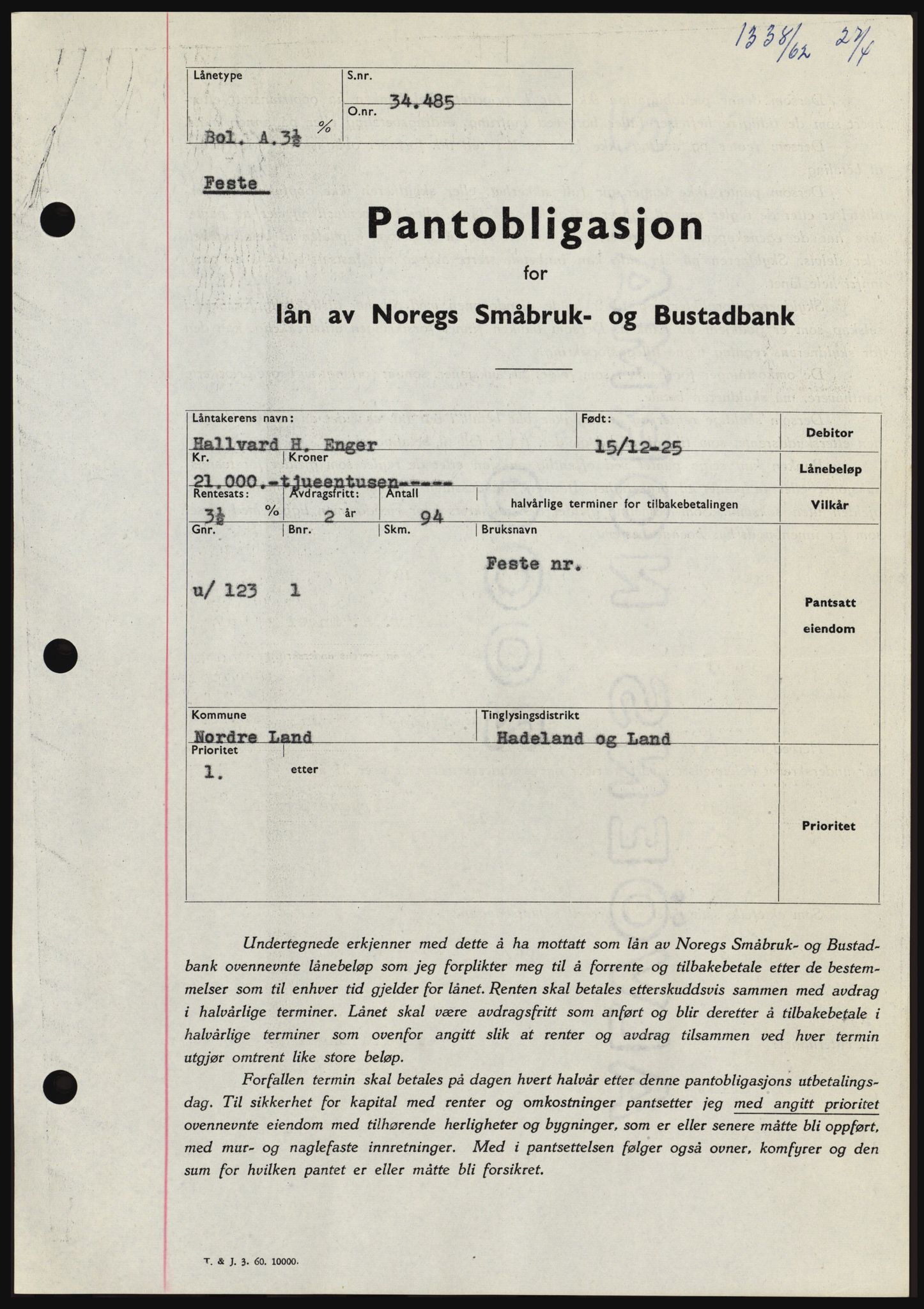 Hadeland og Land tingrett, SAH/TING-010/H/Hb/Hbc/L0048: Pantebok nr. B48, 1962-1962, Dagboknr: 1338/1962