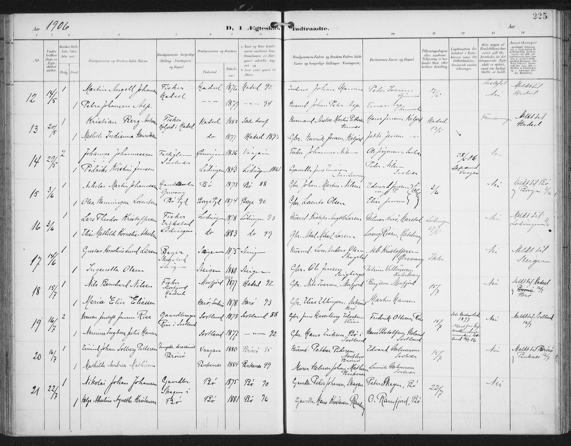 Ministerialprotokoller, klokkerbøker og fødselsregistre - Nordland, AV/SAT-A-1459/874/L1062: Ministerialbok nr. 874A06, 1899-1907, s. 225
