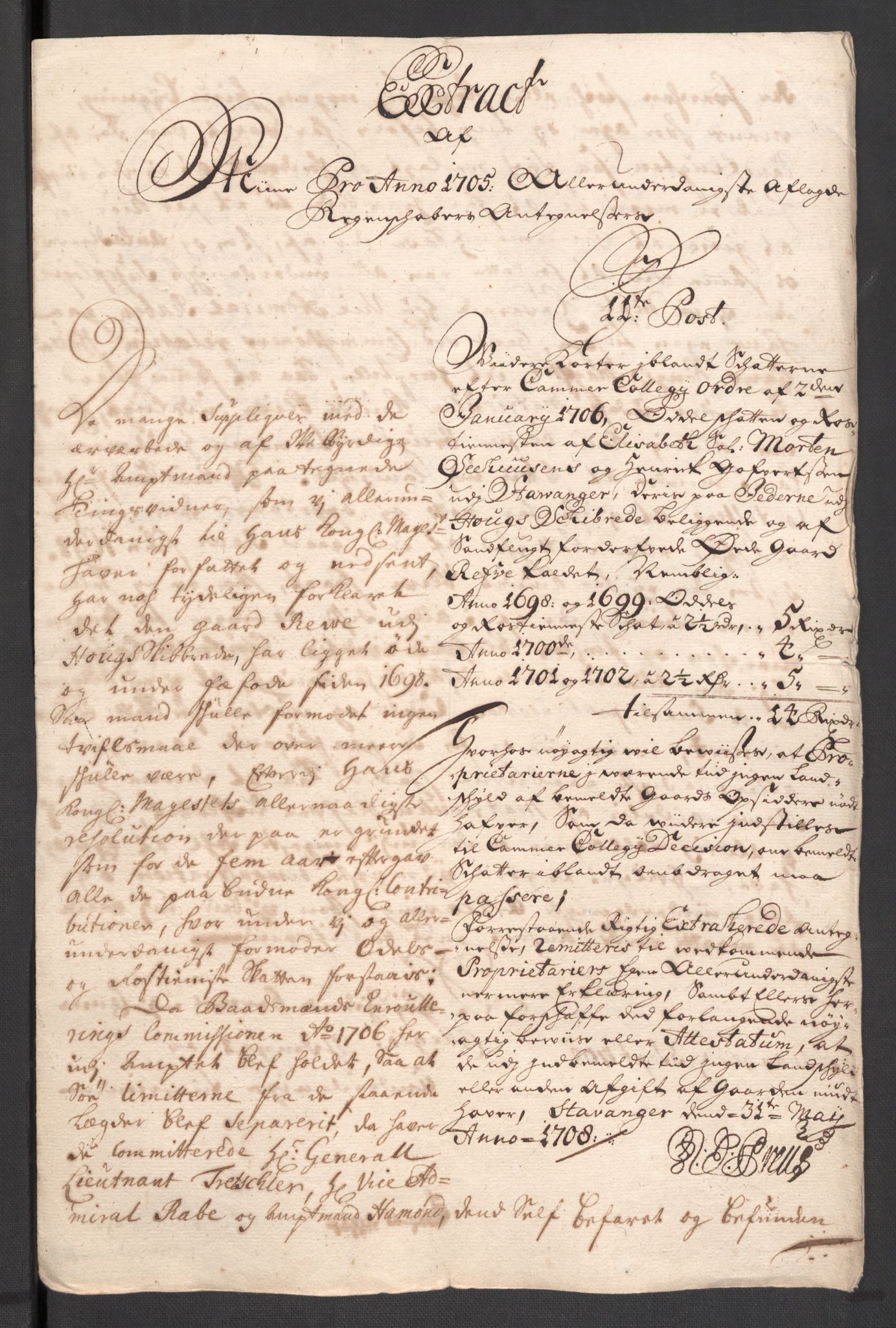Rentekammeret inntil 1814, Reviderte regnskaper, Fogderegnskap, RA/EA-4092/R46/L2733: Fogderegnskap Jæren og Dalane, 1705-1708, s. 98