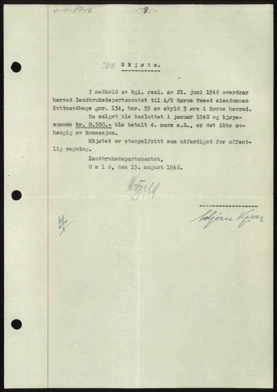Gauldal sorenskriveri, SAT/A-0014/1/2/2C: Pantebok nr. A2, 1946-1946, Dagboknr: 789/1946