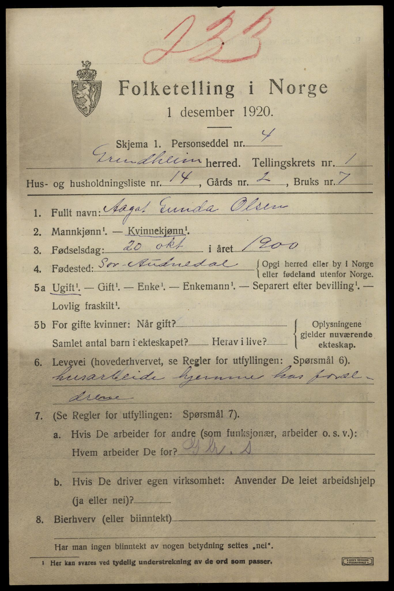 SAK, Folketelling 1920 for 1025 Grindheim herred, 1920, s. 547