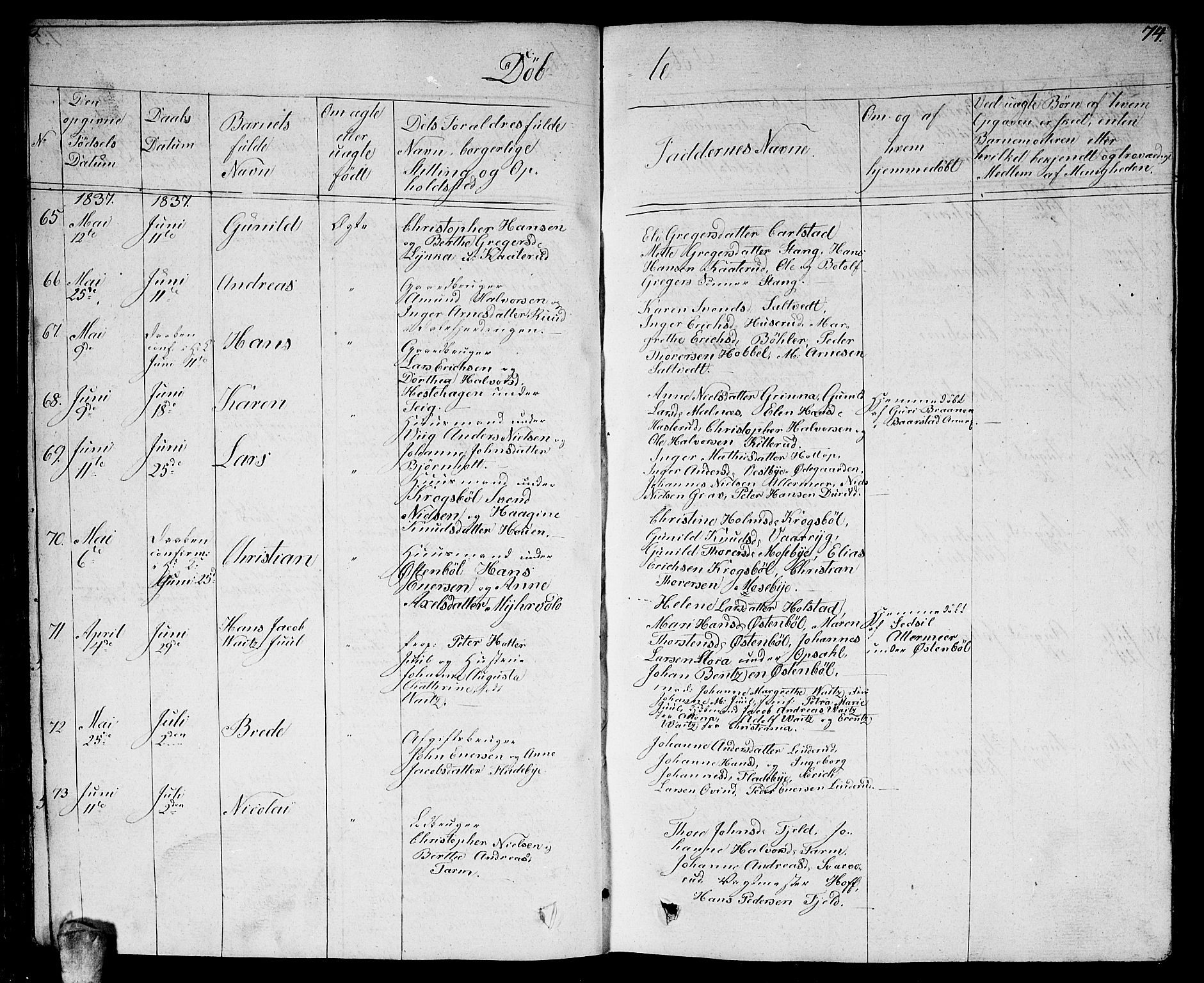 Enebakk prestekontor Kirkebøker, AV/SAO-A-10171c/G/Ga/L0003: Klokkerbok nr. I 3, 1833-1849, s. 74