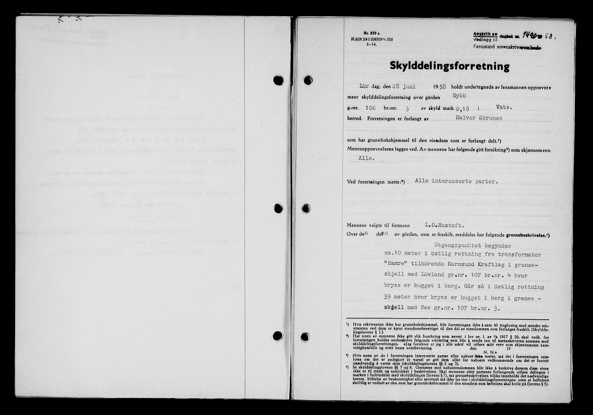 Karmsund sorenskriveri, SAST/A-100311/01/II/IIB/L0128: Pantebok nr. 108A, 1958-1958, Dagboknr: 1490/1958