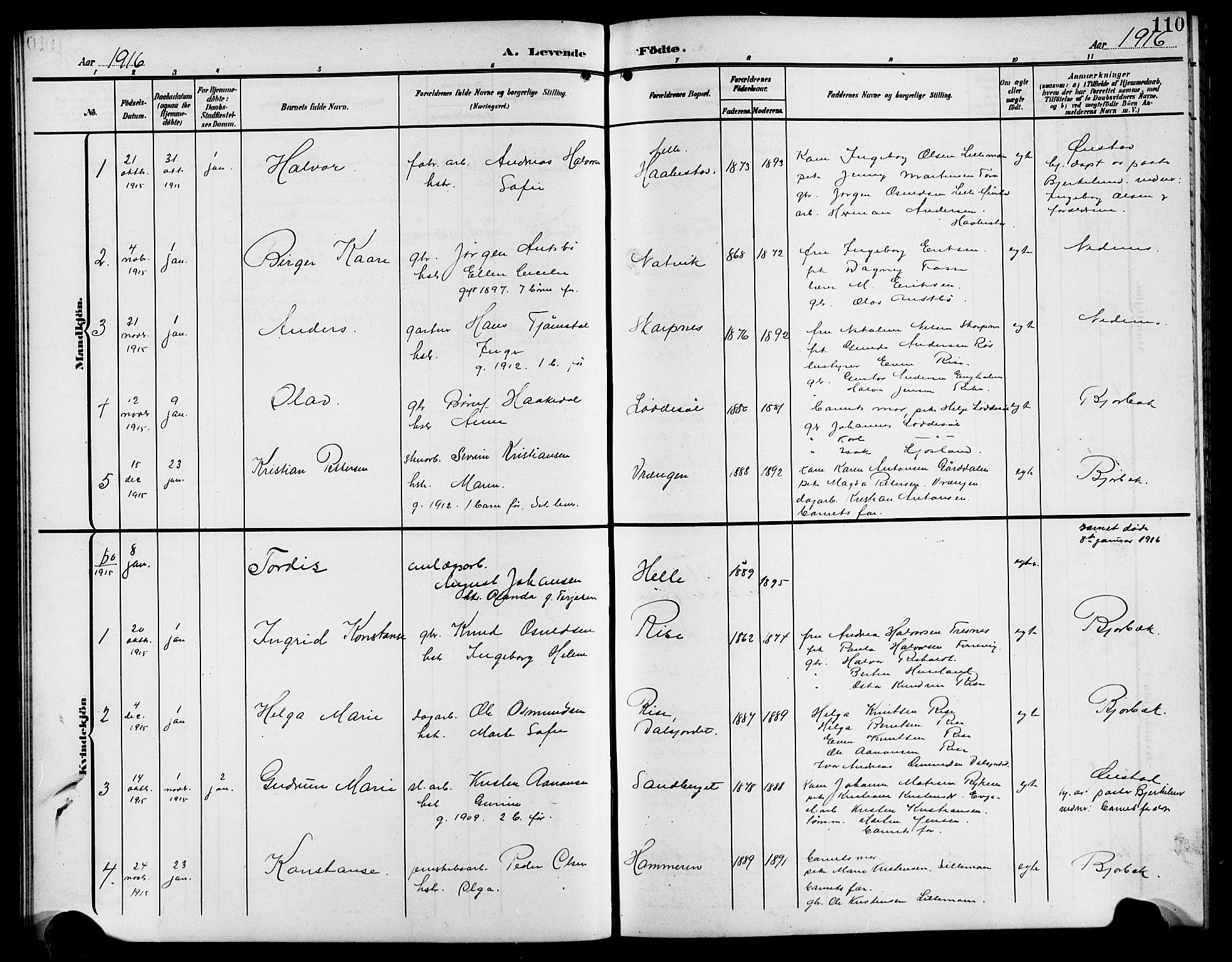 Øyestad sokneprestkontor, AV/SAK-1111-0049/F/Fb/L0011: Klokkerbok nr. B 11, 1906-1918, s. 110