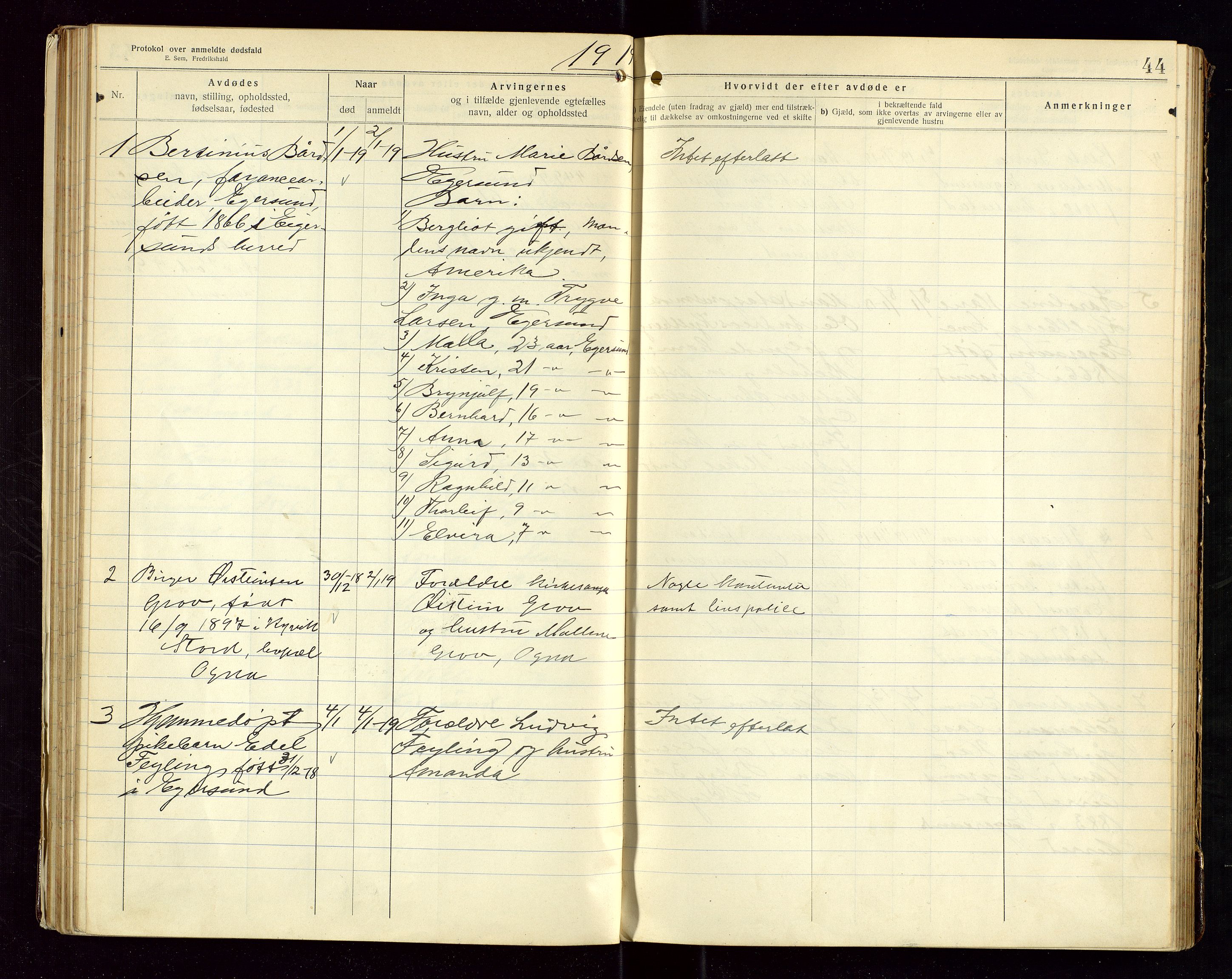 Eigersund lensmannskontor, SAST/A-100171/Gga/L0007: "Protokol over anmeldte dødsfald" m/alfabetisk navneregister, 1917-1920, s. 44
