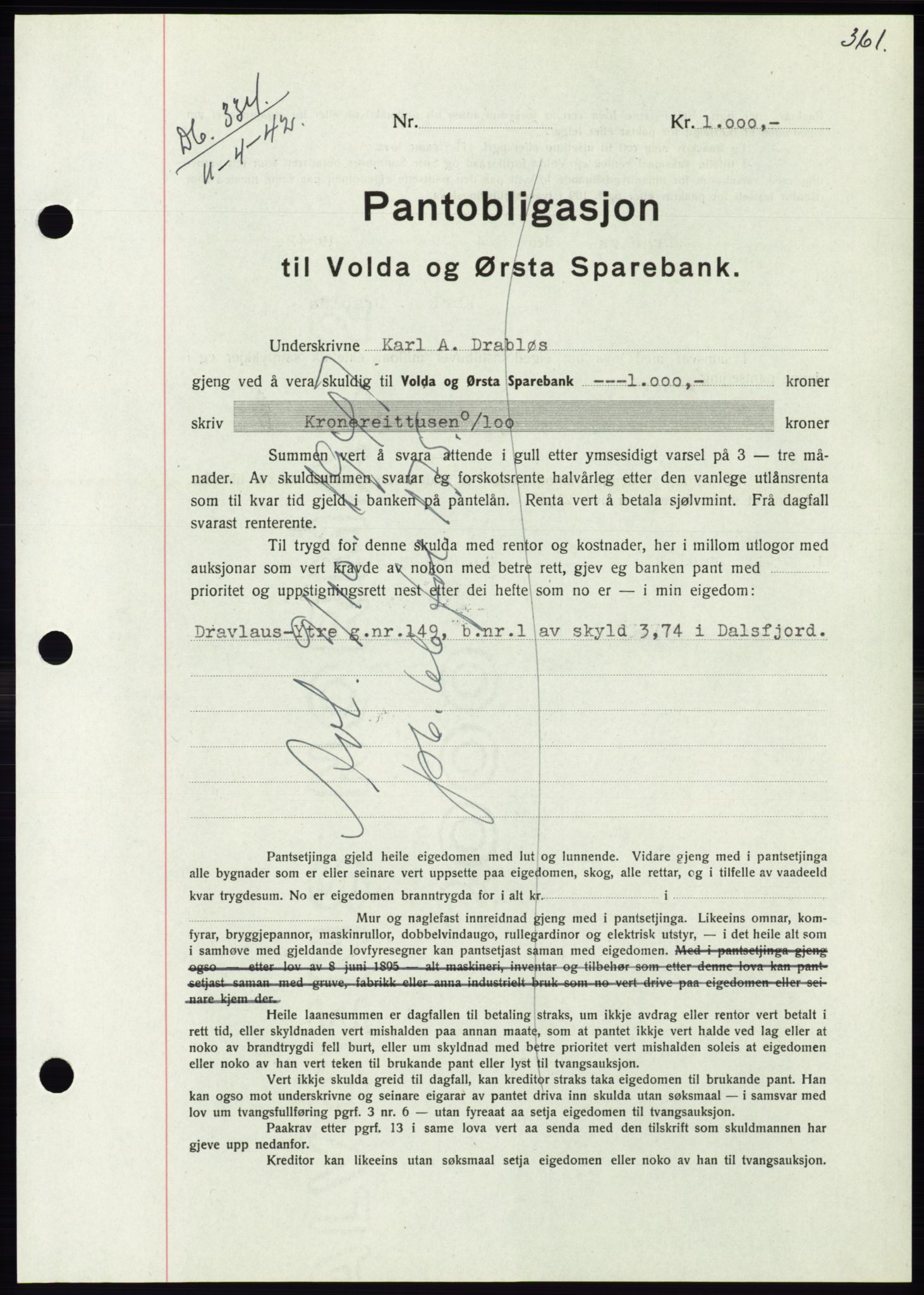 Søre Sunnmøre sorenskriveri, SAT/A-4122/1/2/2C/L0073: Pantebok nr. 67, 1941-1942, Dagboknr: 334/1942