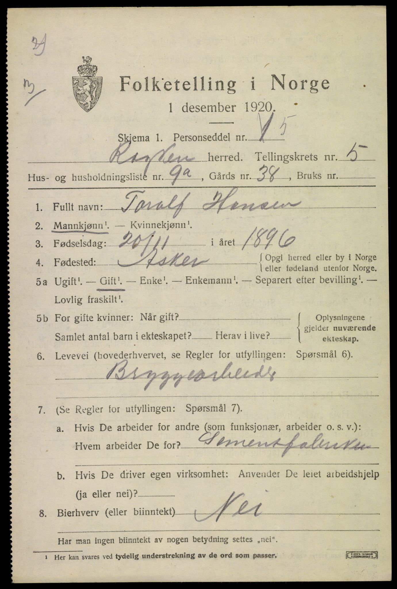 SAKO, Folketelling 1920 for 0627 Røyken herred, 1920, s. 6940