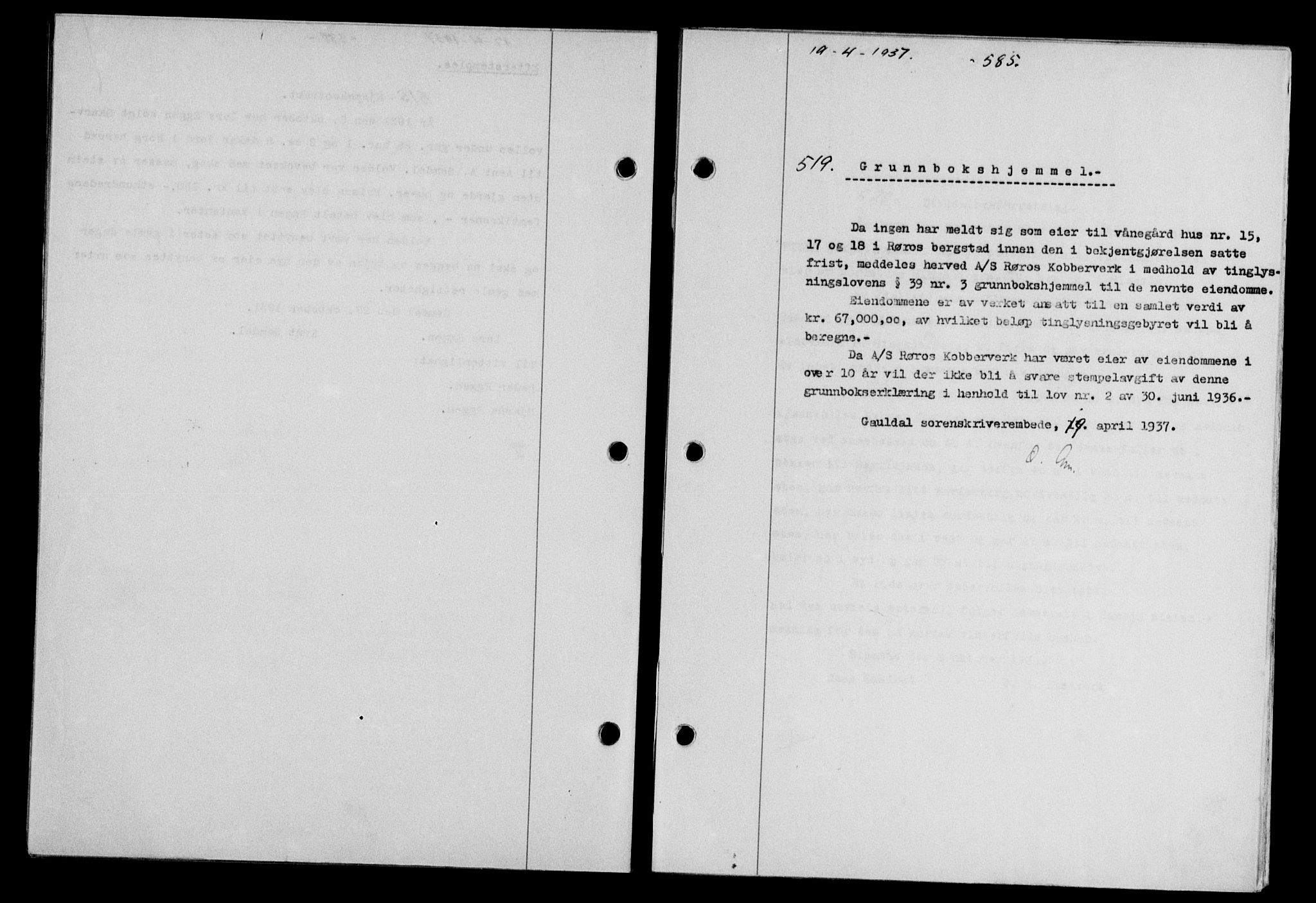 Gauldal sorenskriveri, SAT/A-0014/1/2/2C/L0047: Pantebok nr. 50-51, 1937-1937, Dagboknr: 519/1937