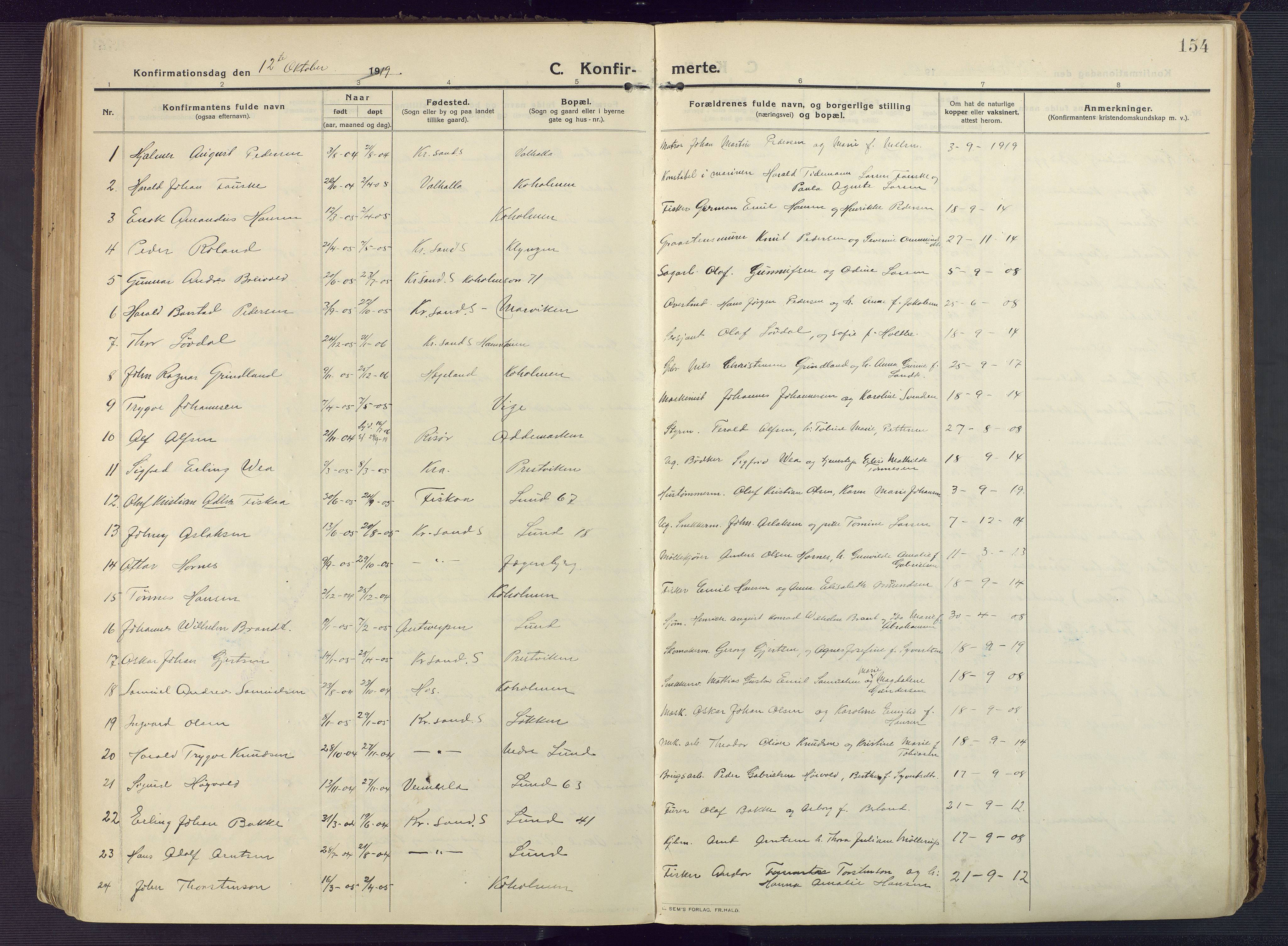 Oddernes sokneprestkontor, SAK/1111-0033/F/Fa/Faa/L0012: Ministerialbok nr. A 12, 1912-1925, s. 154