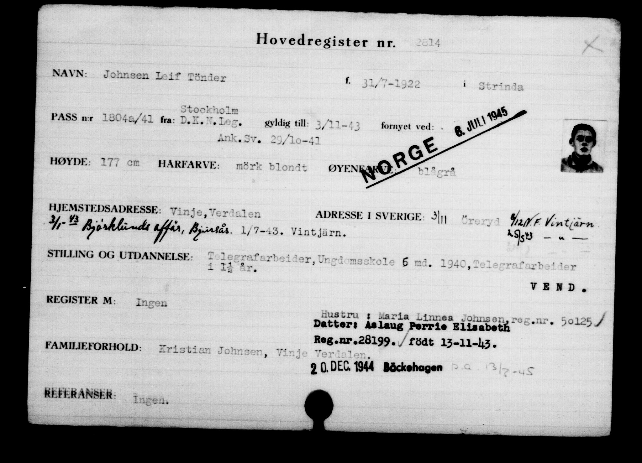Utenriksstasjonene, Legasjonen i Stockholm, Flyktningkontoret, AV/RA-S-6753/V/Va/L0003: Kjesäterkartoteket, flyktninger med registreringsnr. 2001-3495, 1940-1945, s. 1210