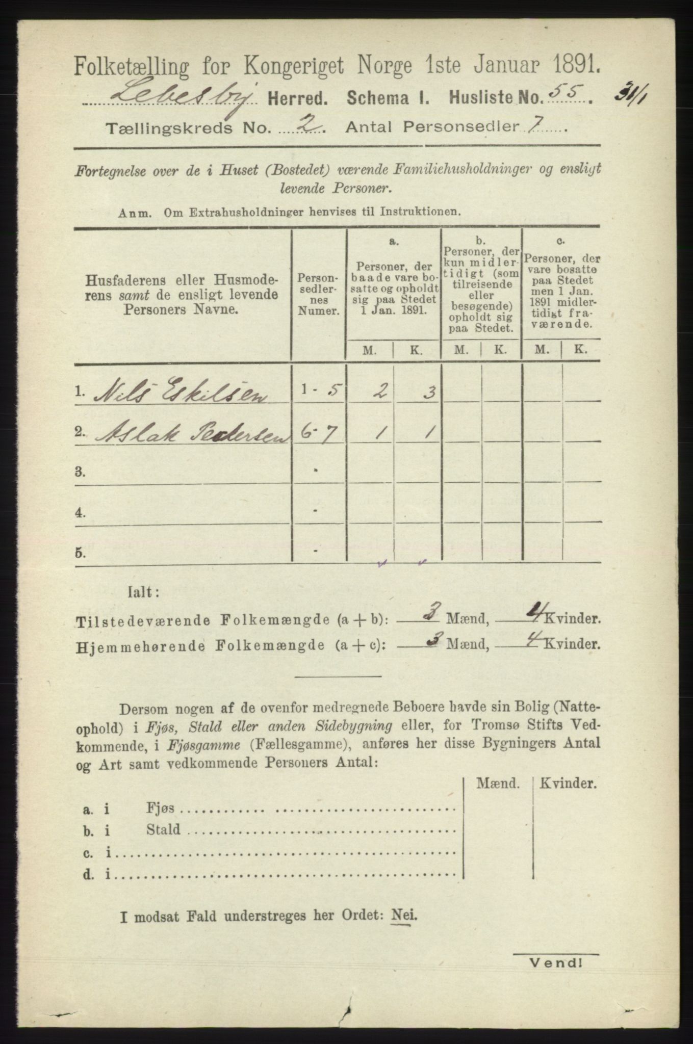 RA, Folketelling 1891 for 2022 Lebesby herred, 1891, s. 308