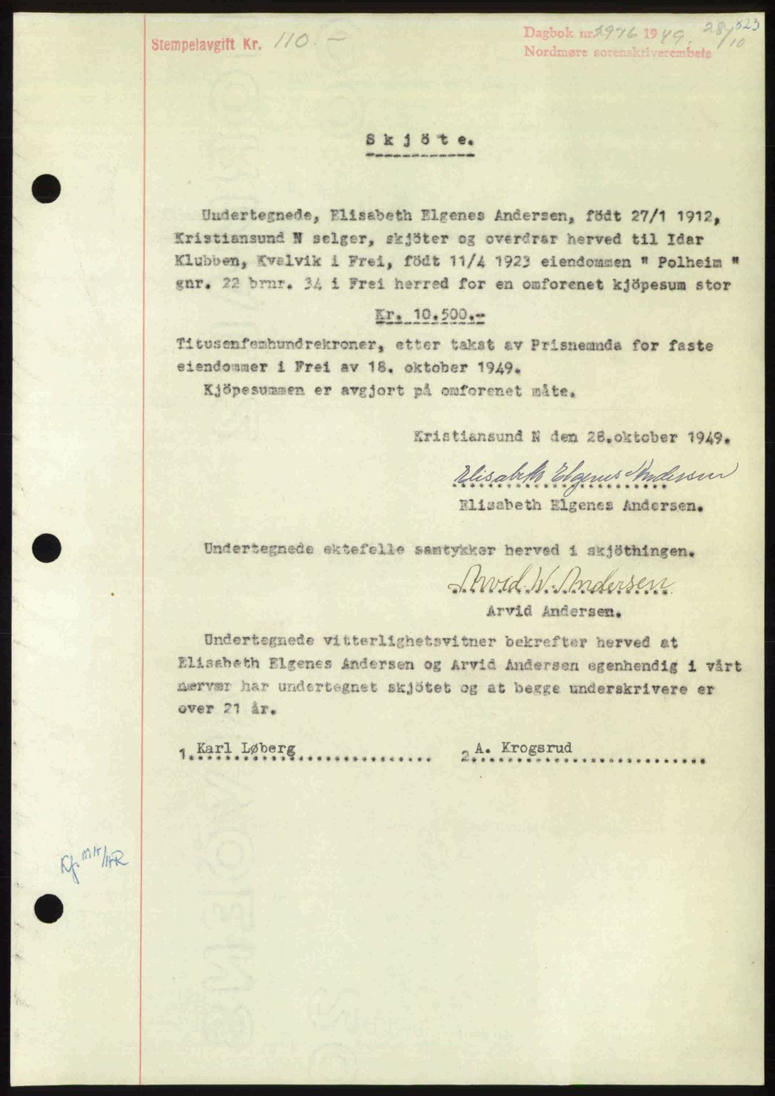 Nordmøre sorenskriveri, SAT/A-4132/1/2/2Ca: Pantebok nr. A112, 1949-1949, Dagboknr: 2976/1949