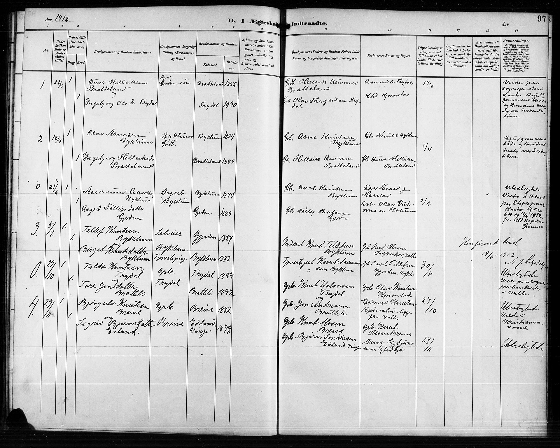Valle sokneprestkontor, AV/SAK-1111-0044/F/Fb/Fba/L0003: Klokkerbok nr. B 3, 1895-1916, s. 97