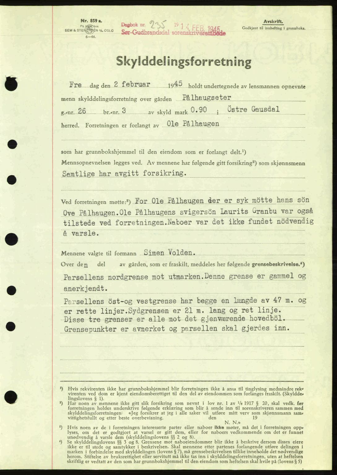 Sør-Gudbrandsdal tingrett, SAH/TING-004/H/Hb/Hbd/L0014: Pantebok nr. A14, 1944-1945, Dagboknr: 235/1945