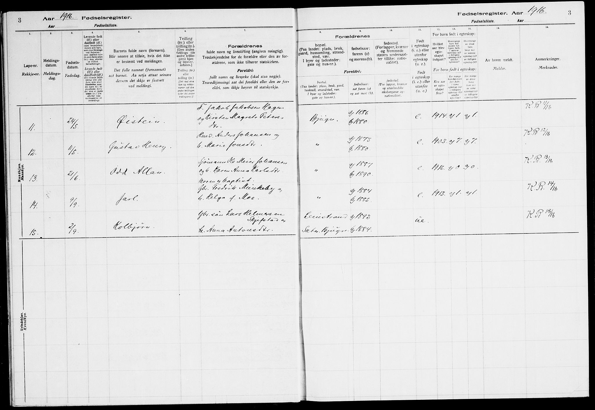 Ministerialprotokoller, klokkerbøker og fødselsregistre - Sør-Trøndelag, SAT/A-1456/651/L0650: Fødselsregister nr. 651.II.4.1, 1916-1923, s. 3