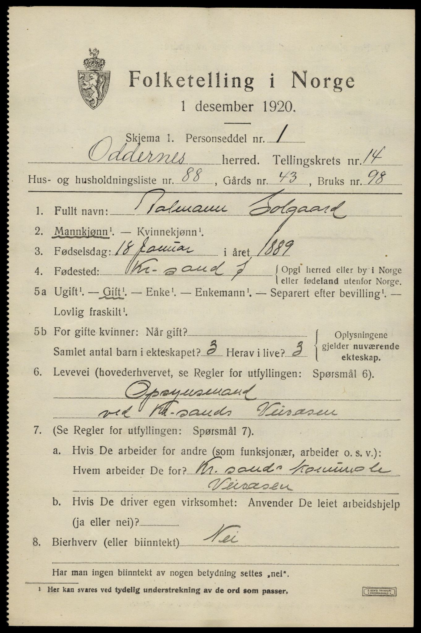 SAK, Folketelling 1920 for 1012 Oddernes herred, 1920, s. 9643