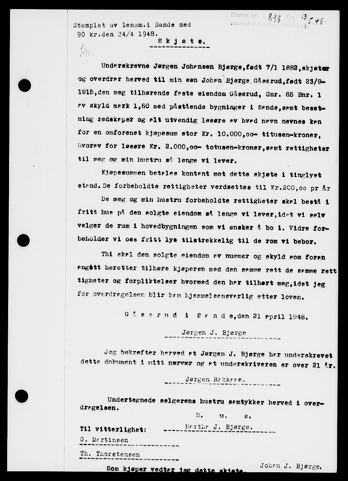 Holmestrand sorenskriveri, SAKO/A-67/G/Ga/Gaa/L0064: Pantebok nr. A-64, 1948-1948, Dagboknr: 898/1948