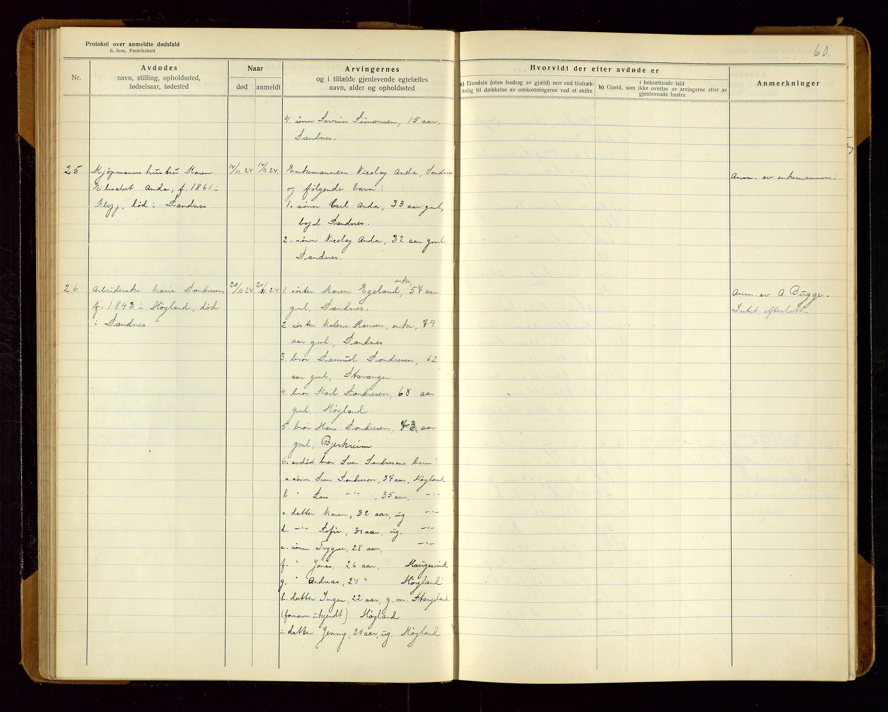 Sandnes lensmannskontor, AV/SAST-A-100167/Gga/L0001: "Protokol over anmeldte dødsfald" m/register, 1918-1940, s. 60