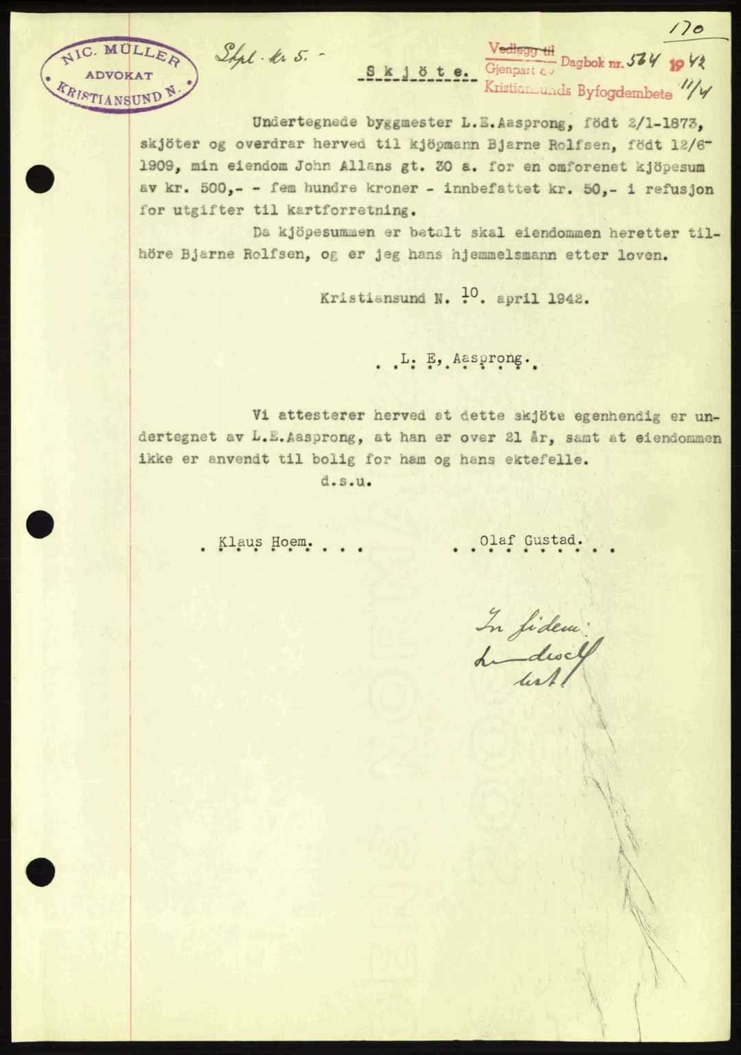 Kristiansund byfogd, AV/SAT-A-4587/A/27: Pantebok nr. 34, 1941-1945, Dagboknr: 564/1942