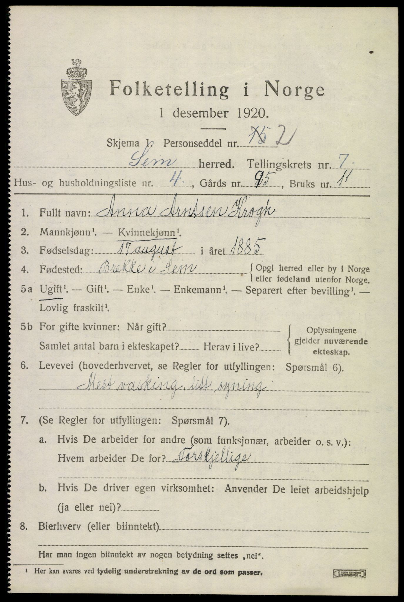 SAKO, Folketelling 1920 for 0721 Sem herred, 1920, s. 10371