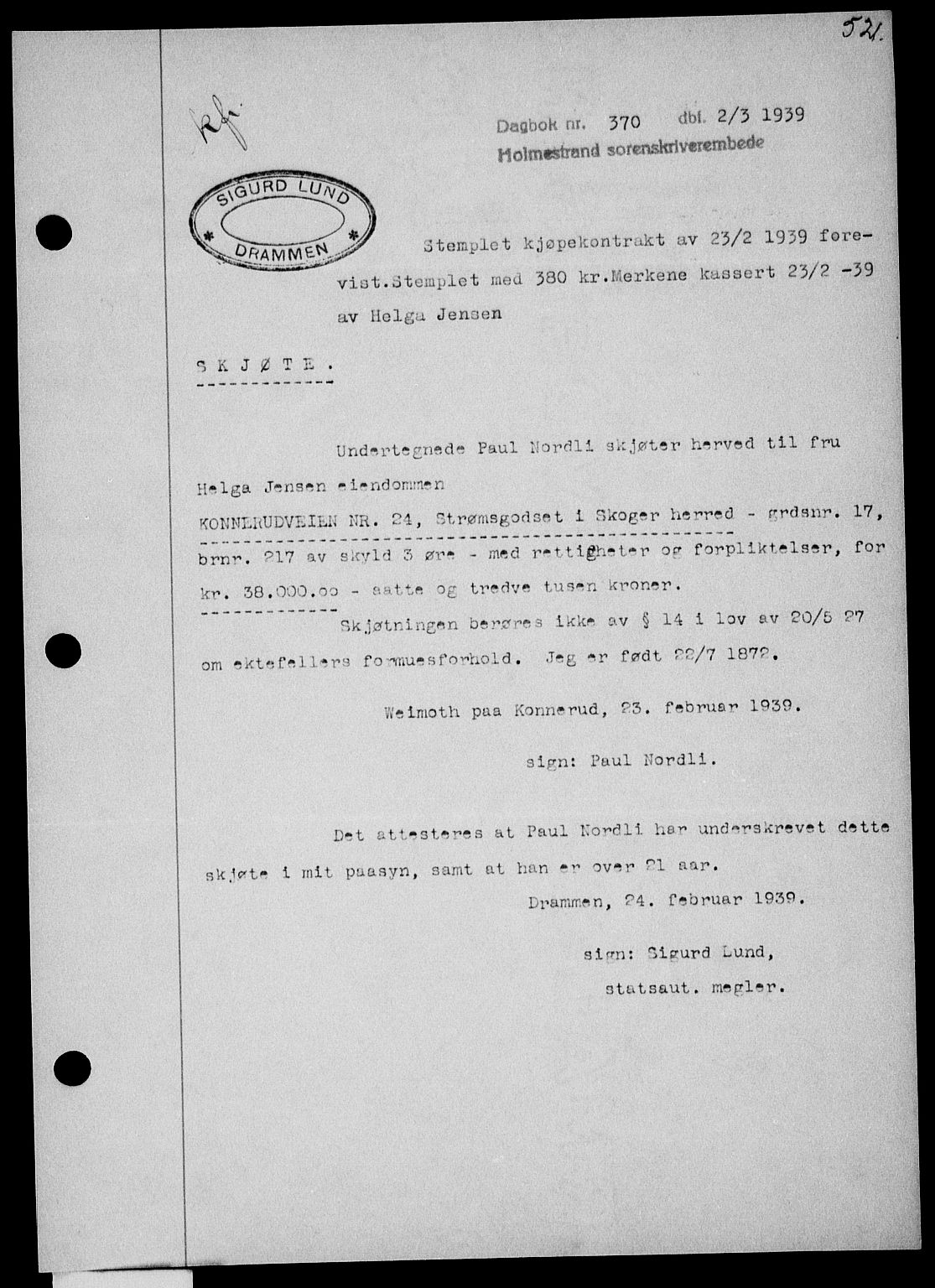 Holmestrand sorenskriveri, SAKO/A-67/G/Ga/Gaa/L0050: Pantebok nr. A-50, 1938-1939, Dagboknr: 370/1939